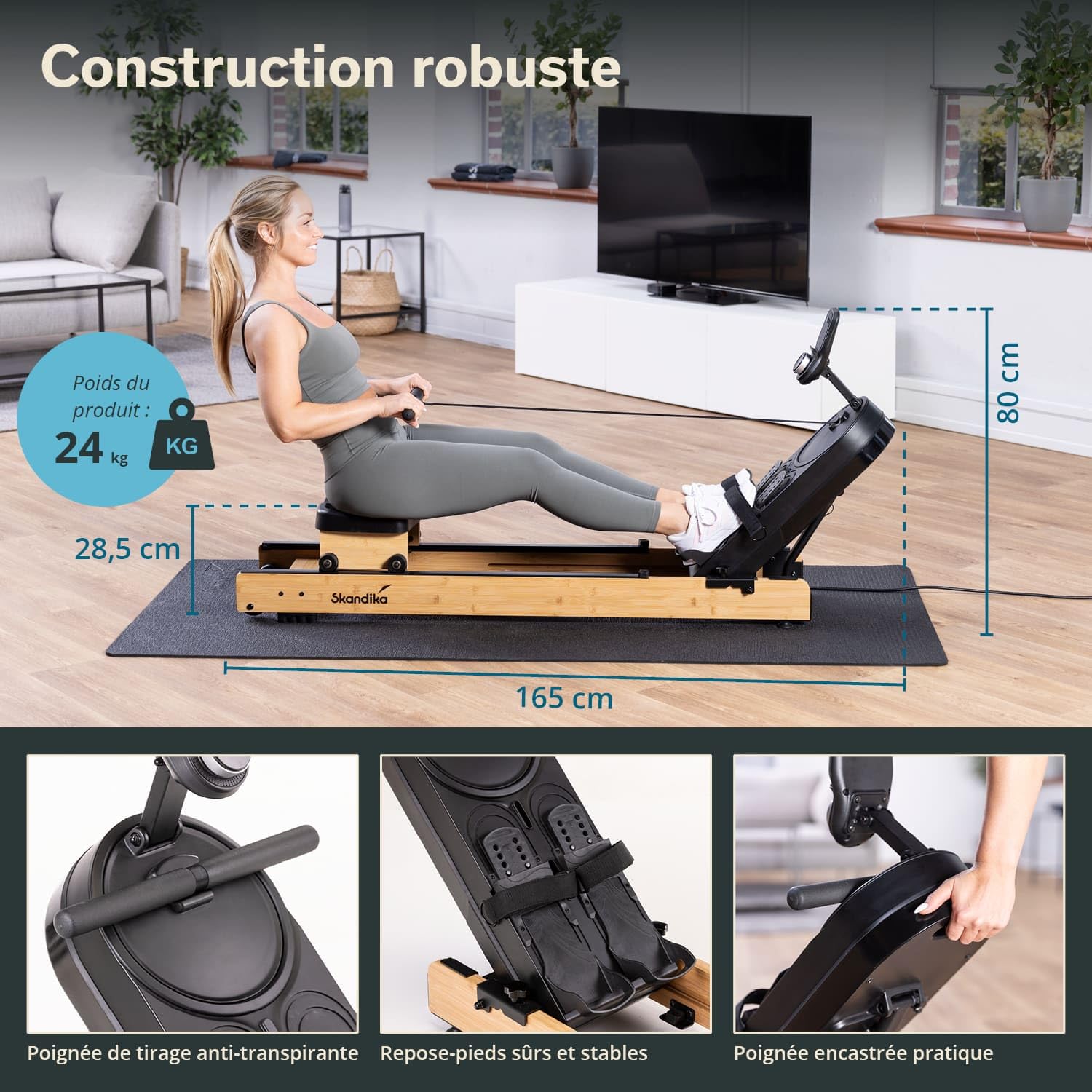 Skandika Rovek Rameur en bois pour la maison, résistance magnétique avec 32 niveaux, système de masse d'inertie de 6 kg, compatible avec application Kinomap, jusqu'à 195 cm