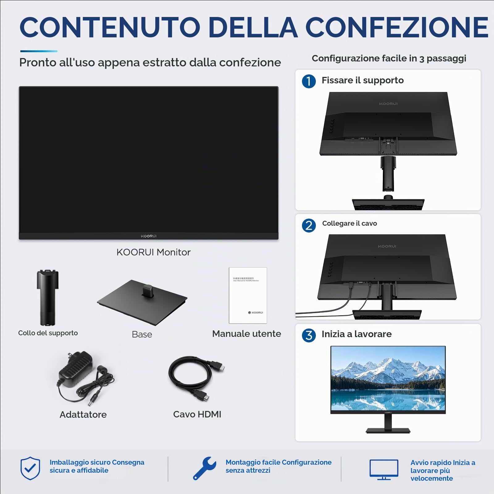 KOORUI Monitor 24" FULL HD, (1920 x 1080, 75 Hz, VGA, HDMI), Flicker Safe, 99% sRGB, Tempo di Risposta 5 ms, Reclinabile, Nero