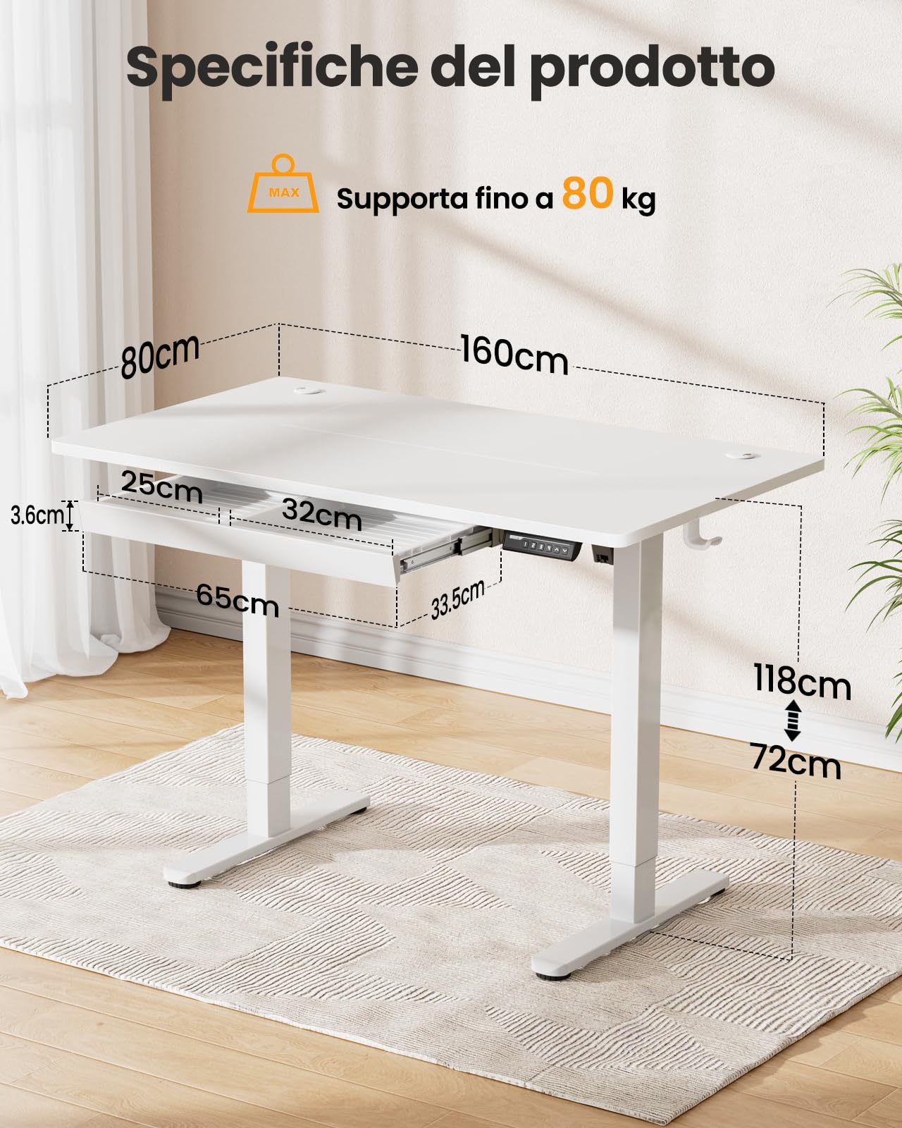 ErGear Scrivania Regolabile in Altezza da Ufficio, 160x80 cm, Bianca | Regolazione 72-118cm, 4 Memorie, 80kg, <50dB, Telaio Acciaio, 2 Ganci, Passacavi, Piano Assemblato.