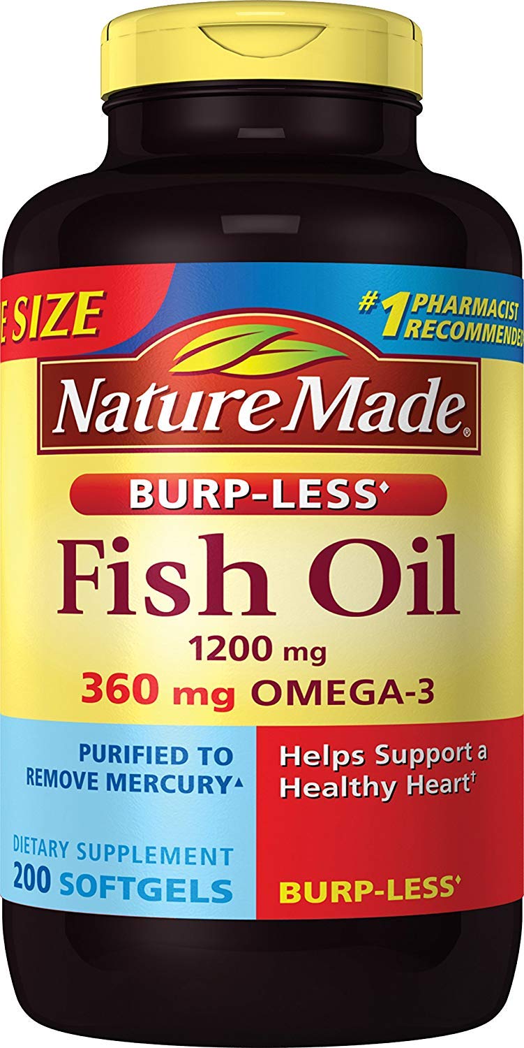 Nature MadeBurp-Less Fish Oil 1200 mg, 200 Softgels, Fish Oil Omega 3 Supplement For Heart Health