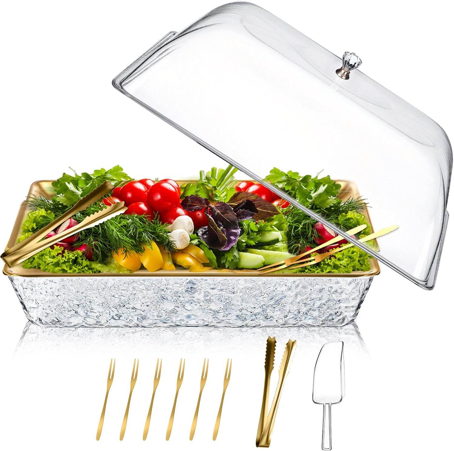 Baderke 1 Set 16" x 9" Chilled Serving Tray for Parties with Compartments and Lid Charcuterie Serving Board Ice Rectangle Chilled Party Platter for Seafood Vegetable Fruit Shrimp Cocktail (Silver)