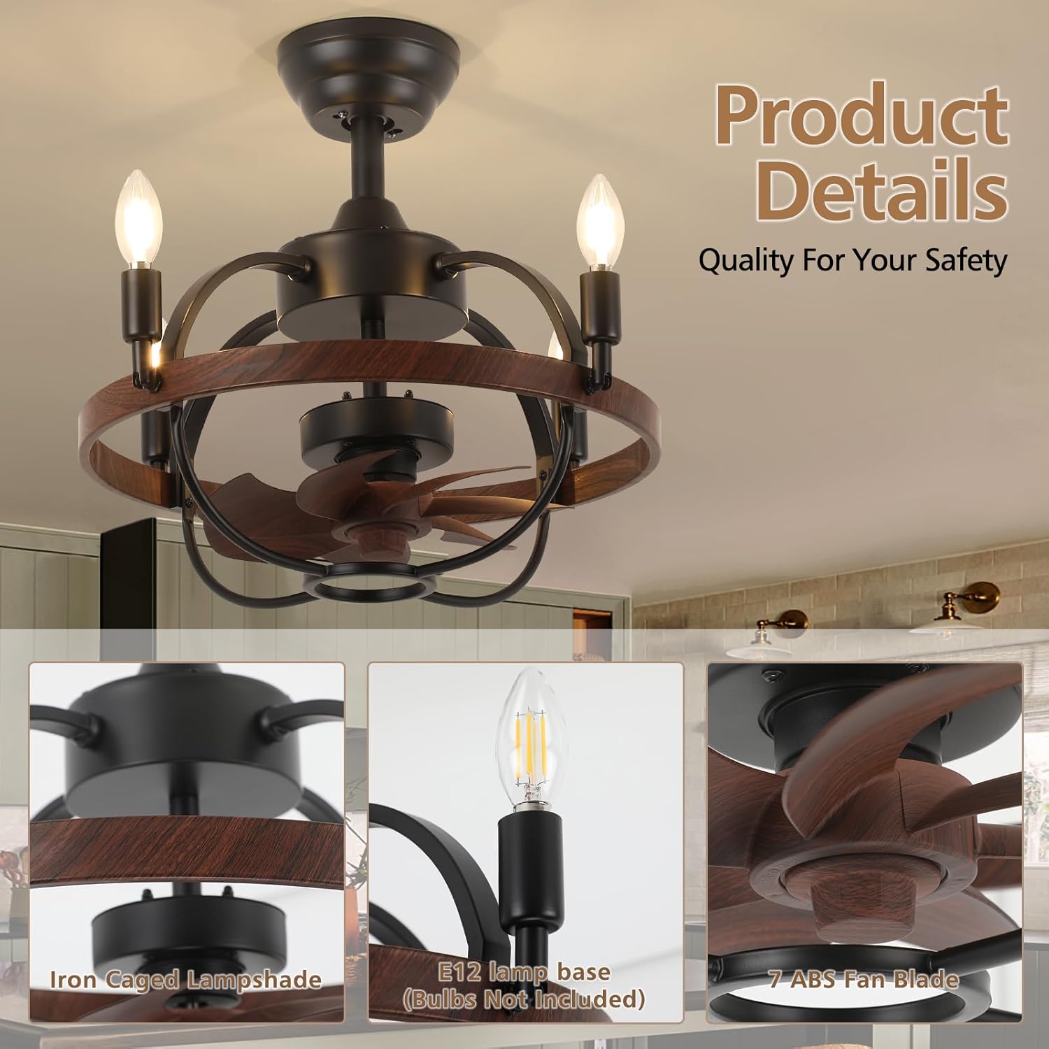 Farmhouse Rustic Ceiling Fan with Light and Remote, 20 Inch Brown Walnut Bladeless Rustic Chandeliers Fan, Vintage Chandelier Fan for Living Room, Bedroom, Hallway, Entryway Lighting
