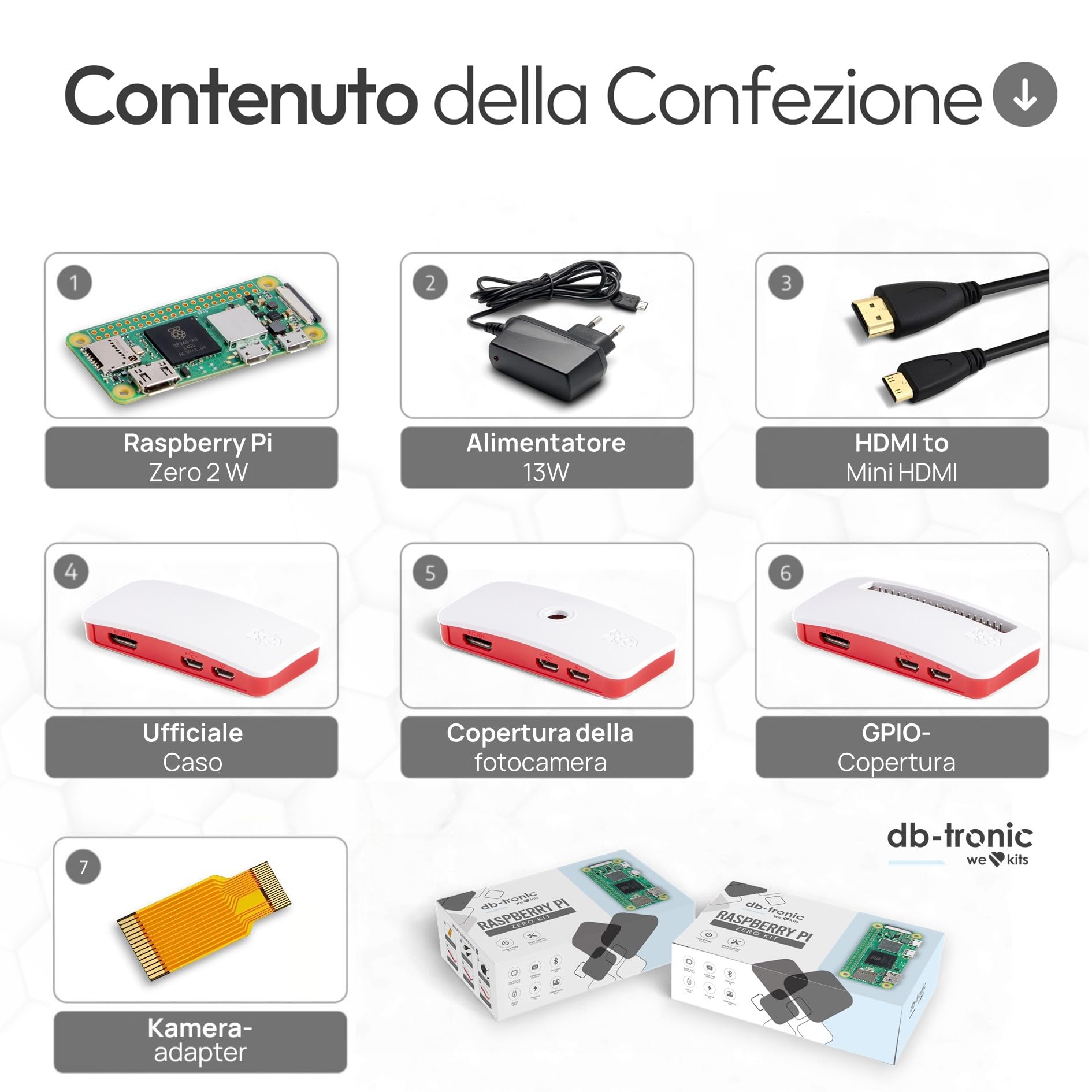 db-tronic Raspberry Pi Zero 2 W Starter Kit | Custodia con 3 coperture | Alimentatore da 13 W | Cavo mini HDMI da 1 m | Cavo per fotocamera | Piedini in gomma