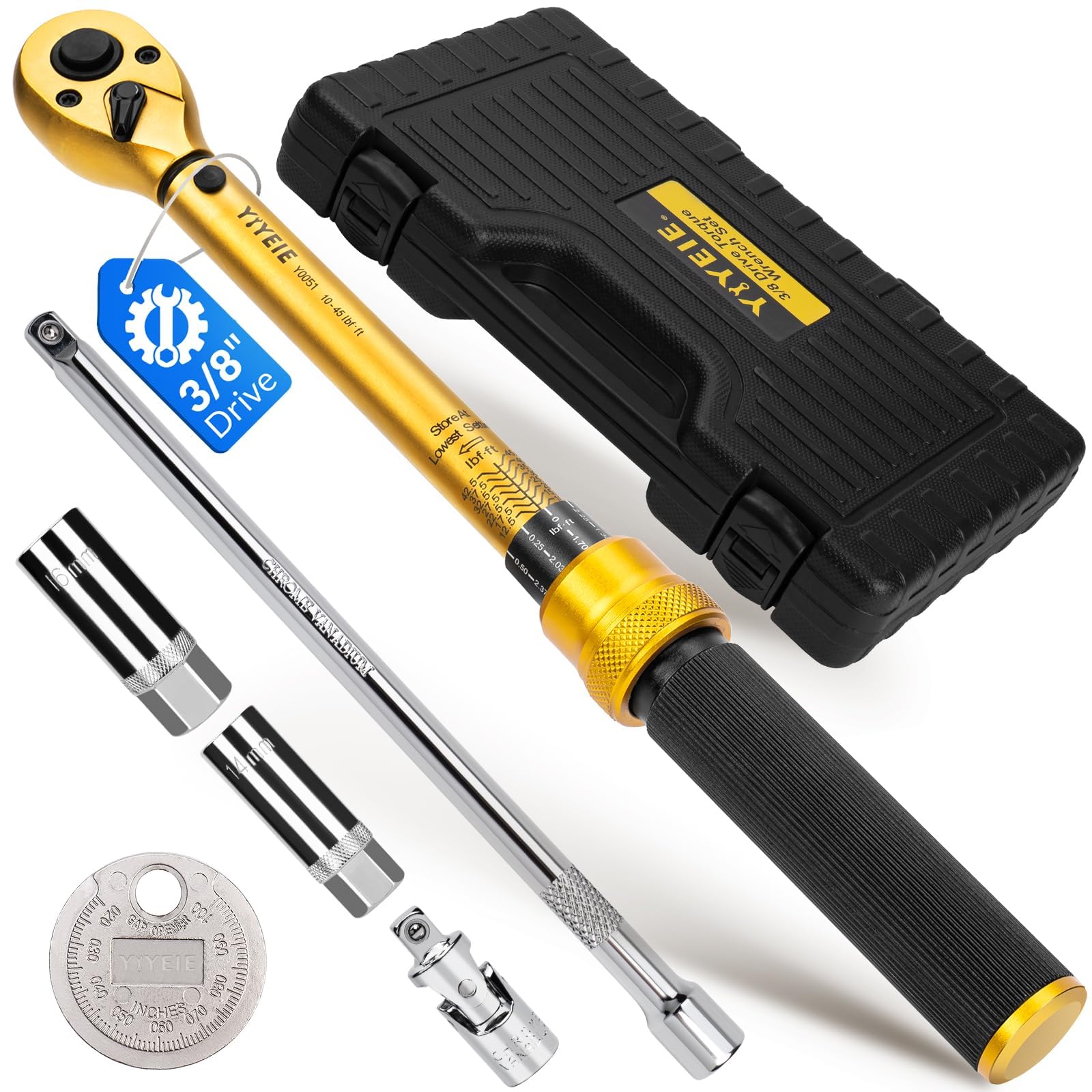 3/8-Inch Drive Torque Wrench Set, 5-50 FT.LB(6.8-67.8 Nm), Magnetic Spark Plug Socket Set, 12-Point Sockets 14mm & 16mm, Spark Plug Gap Tool, ±3%