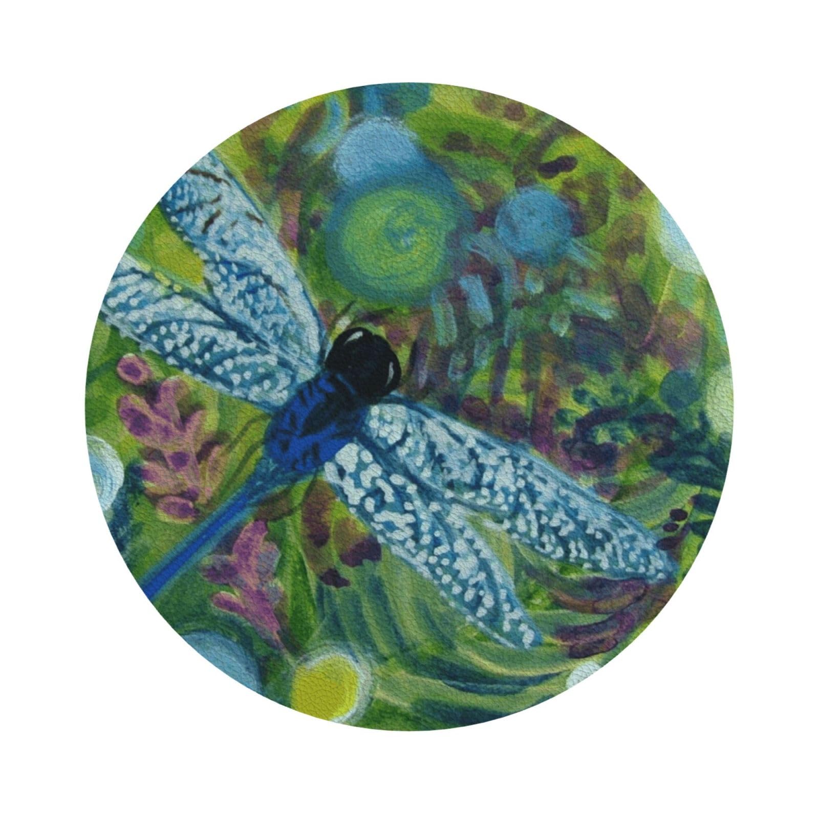 Hand painted dragonfly PU Leather Coasters Set of 6 Round Drink Coasters