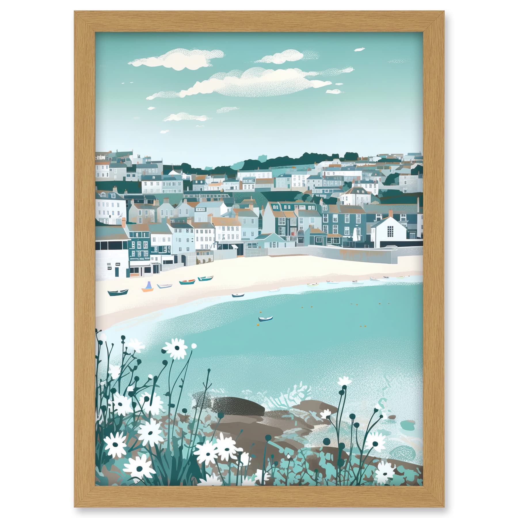 Artery8 St Ives Bay Daisies Soft Pastel Coastal Cityscape Artwork Framed A3 Wall Art Print