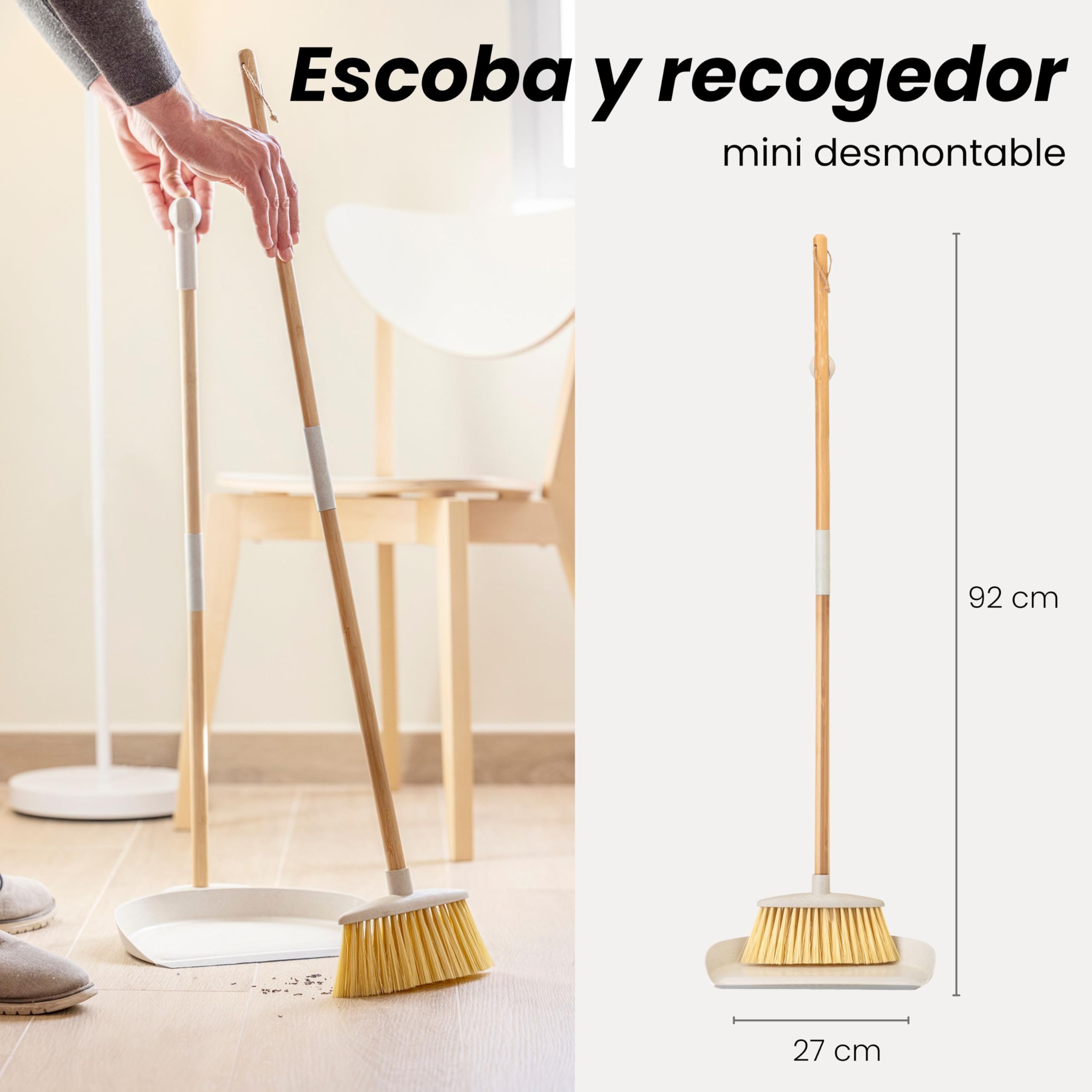 Vigar Zeroline Escoba y Recogedor Mini Desmontable Sistema Clic, Mango Bambú Natural con Regleta Goma, Cepillo Barrer Broom and Dustpan Set Compacto para Limpieza Hogar Cocina Interior, Gris