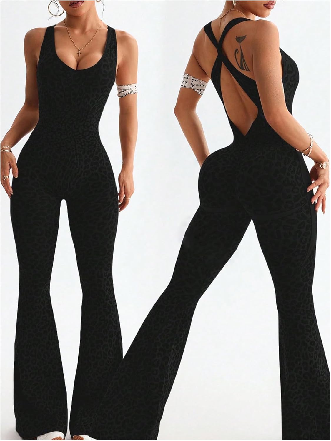 WDIRARA Women's Leopard Print Scoop Neck Flare Yoga Jumpsuits Twist Backless Sleeveless Sports Pants Romper - Image 4