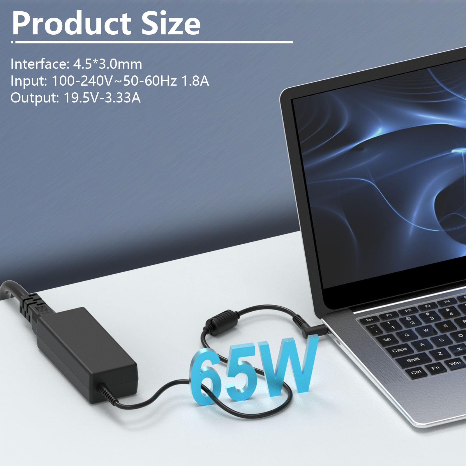 Caricatore 65W 19.5V 3.33A Alimentatore per HP EliteBook ProBook Spectre Envy Pavilion, Caricabatterie Compatibile con HP 840 G5 850 640 G5 450 G6 430 G7 745 G6 e altri, Connettore Blu 4.5×3.0mm