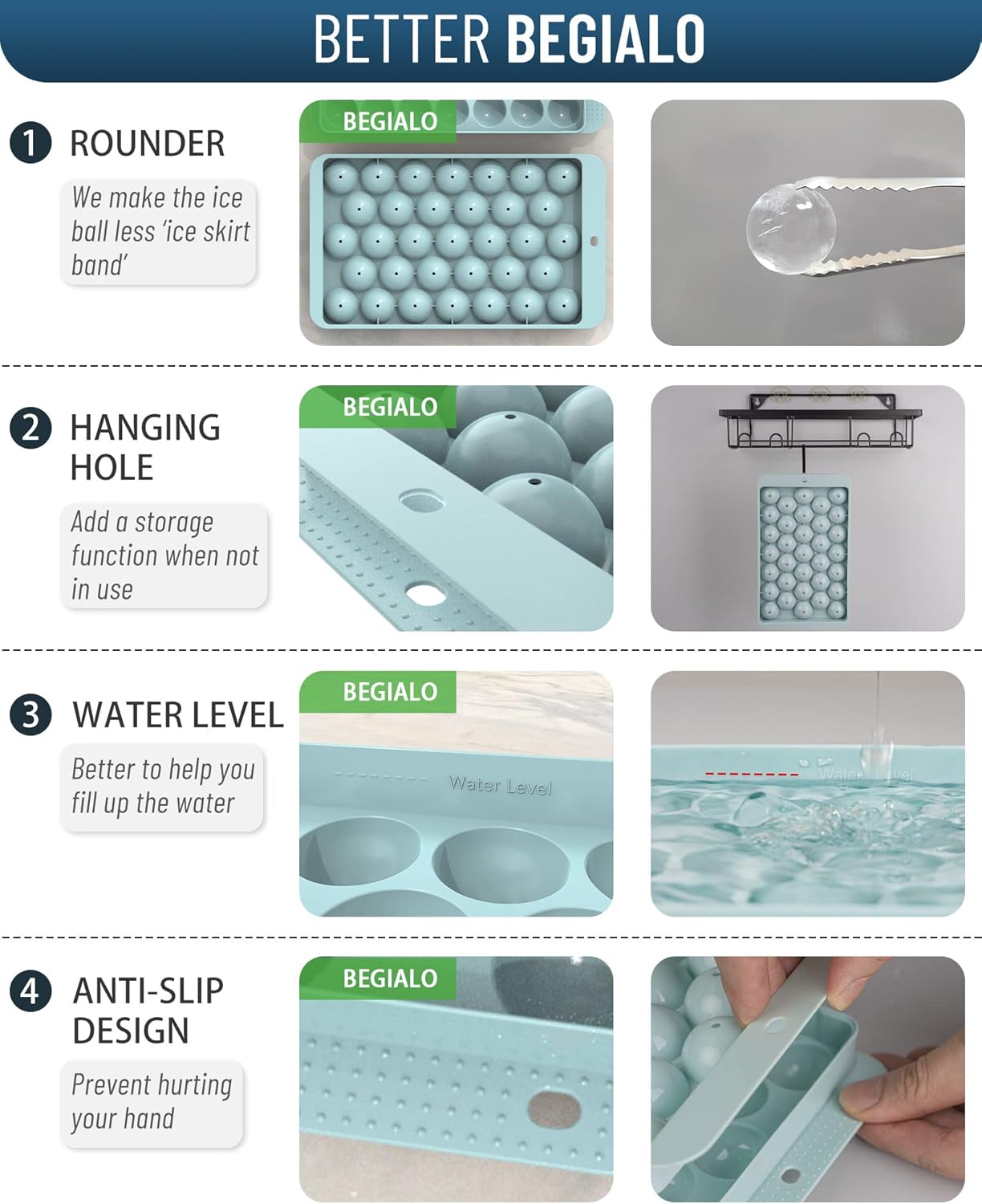 BEGIALO Ice Cube Tray Round Ice Trays for Freezer with Lid and Bin