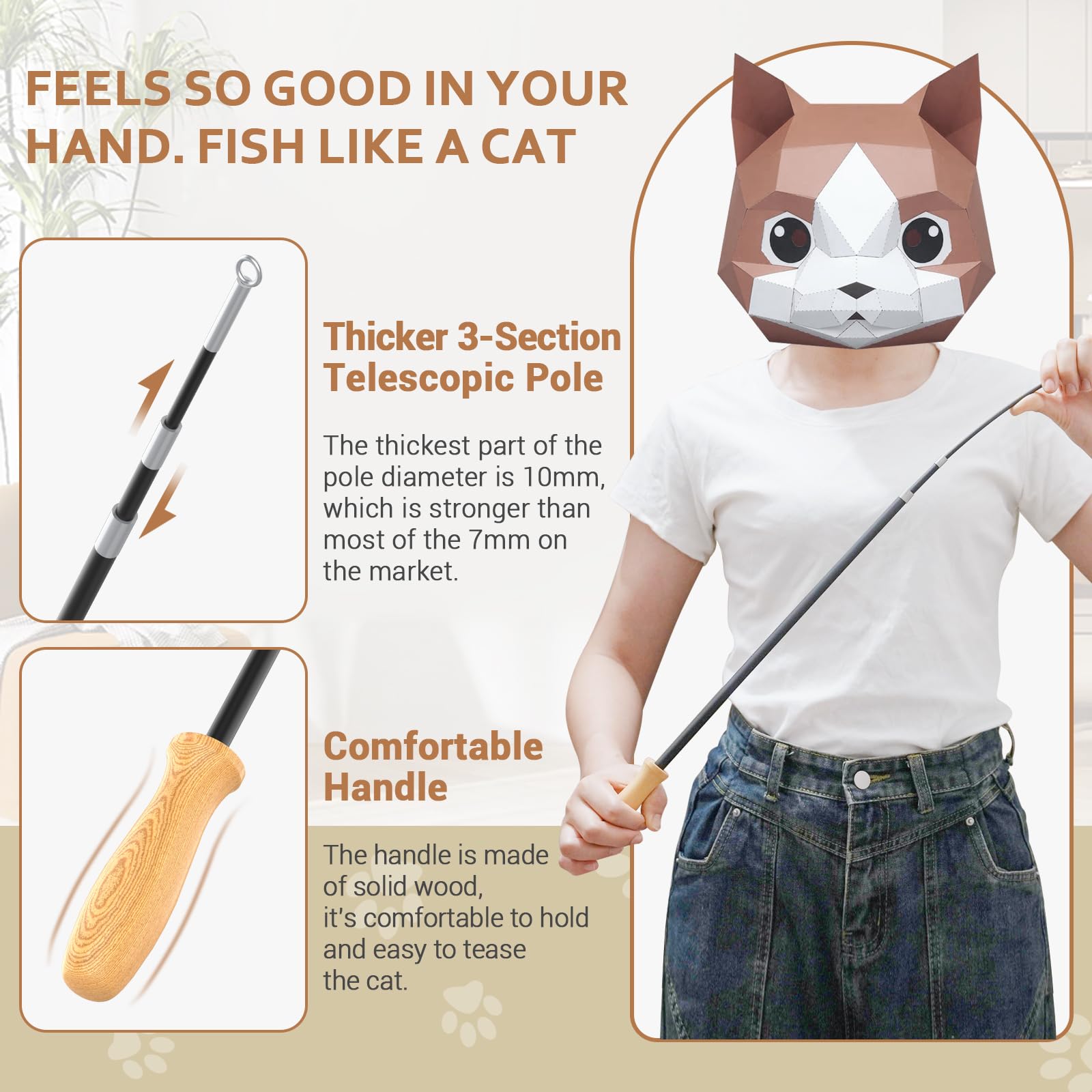 ROSAUI Cat Teaser Wand Toys Set, 2 Extendable Rods with 5 Attachments (3x Feathers & 2x Birds), Wooden Handle - Image 3