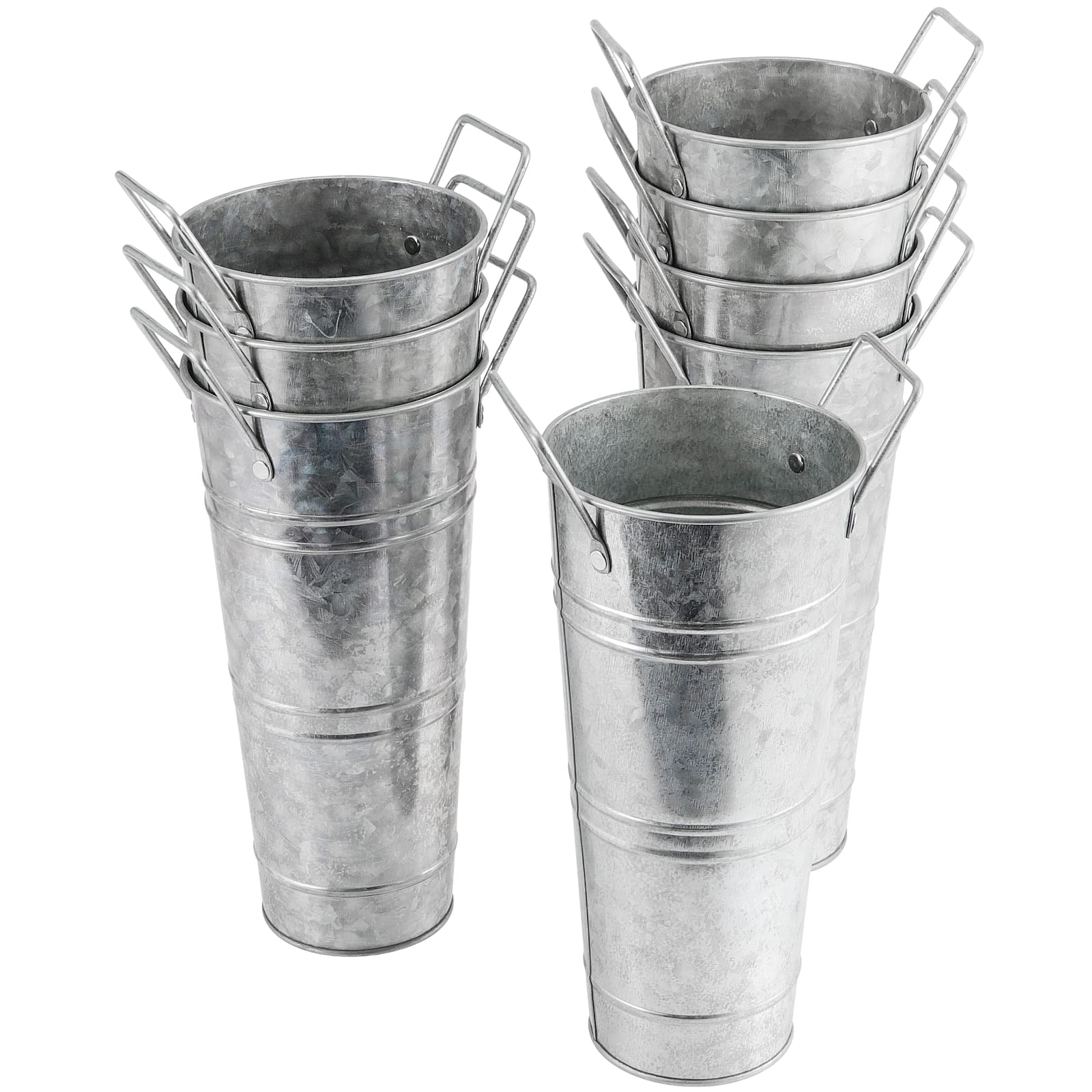 SEHOI 8 Pack 9 Inch Galvanized Metal Farmhouse Flower Vases, Vintage Decorative French Flower Vase with Handles, Galvanized Metal Planter Bucket for DIY Craft and Floral Projects