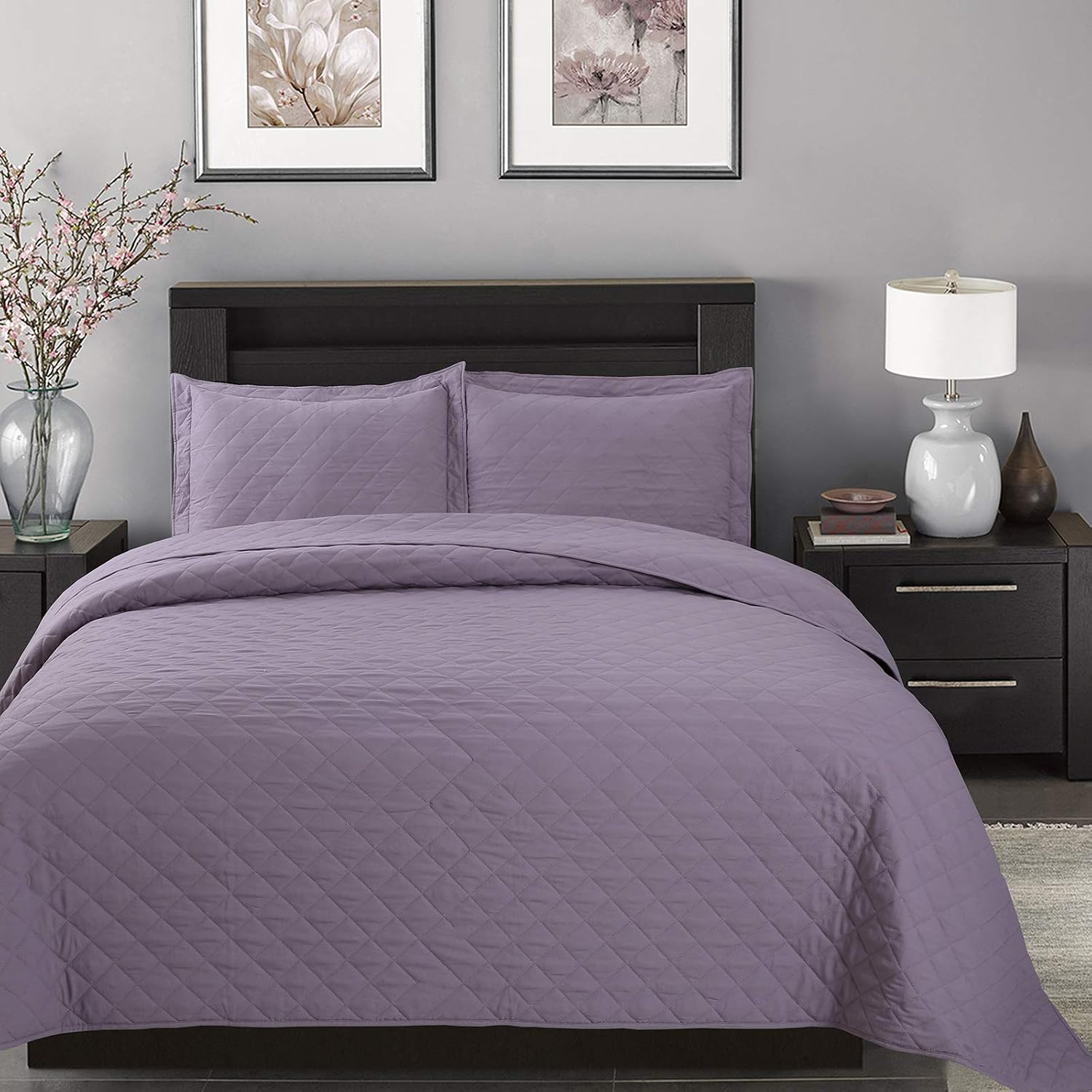 YESHOME 3-Piece Quilt Set Diamond Pattern Quilt Lightweight Soft All-Season Bedspread Coverlet - King-106"x 96"-Lavender