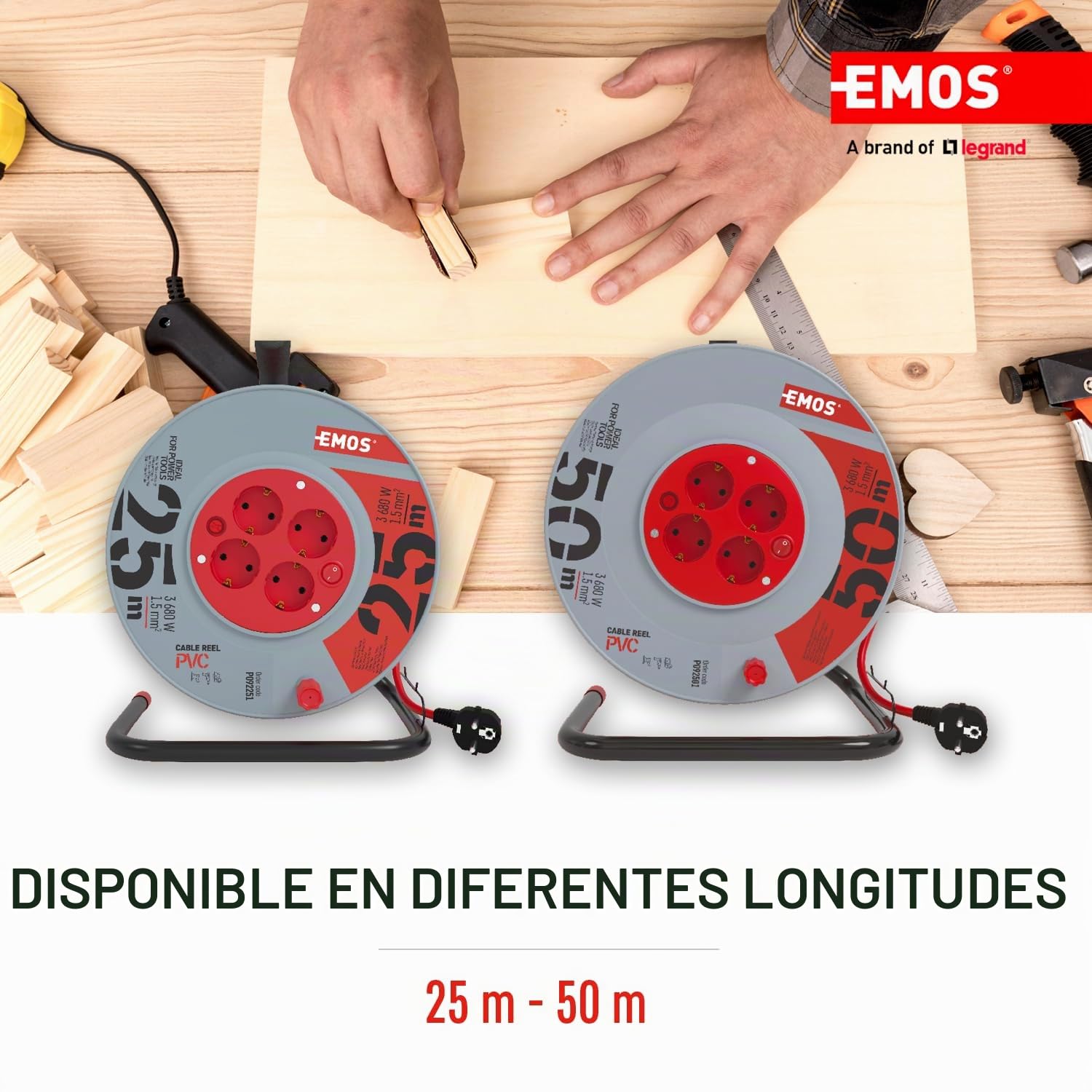 Emos Cable alargador en Bobina Enrollable con Interruptor (50 m, con 4 enchufes Schuko)