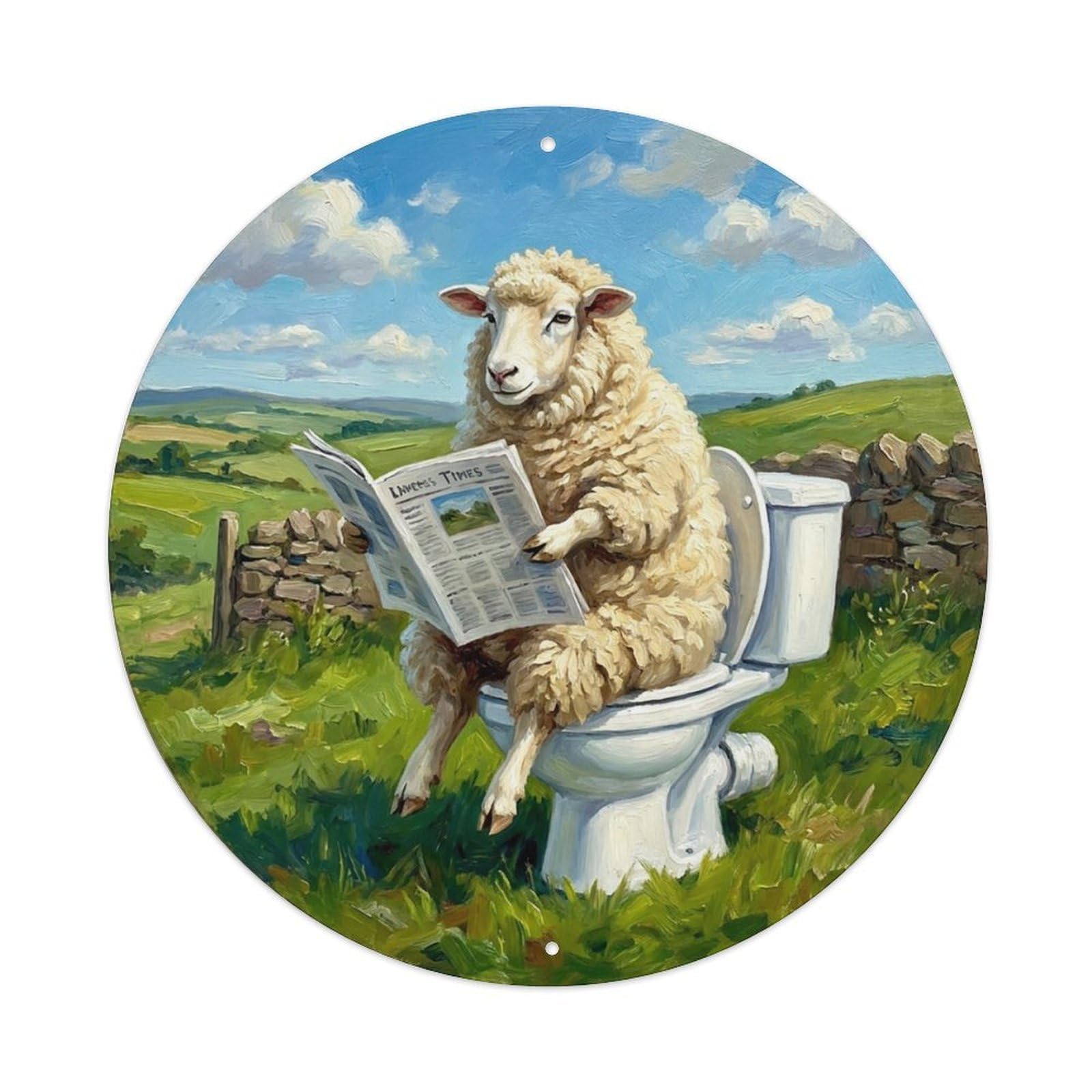 Sheep On Toilet Humorous Bathroom Green Hill Pasture Metal Tin Sign