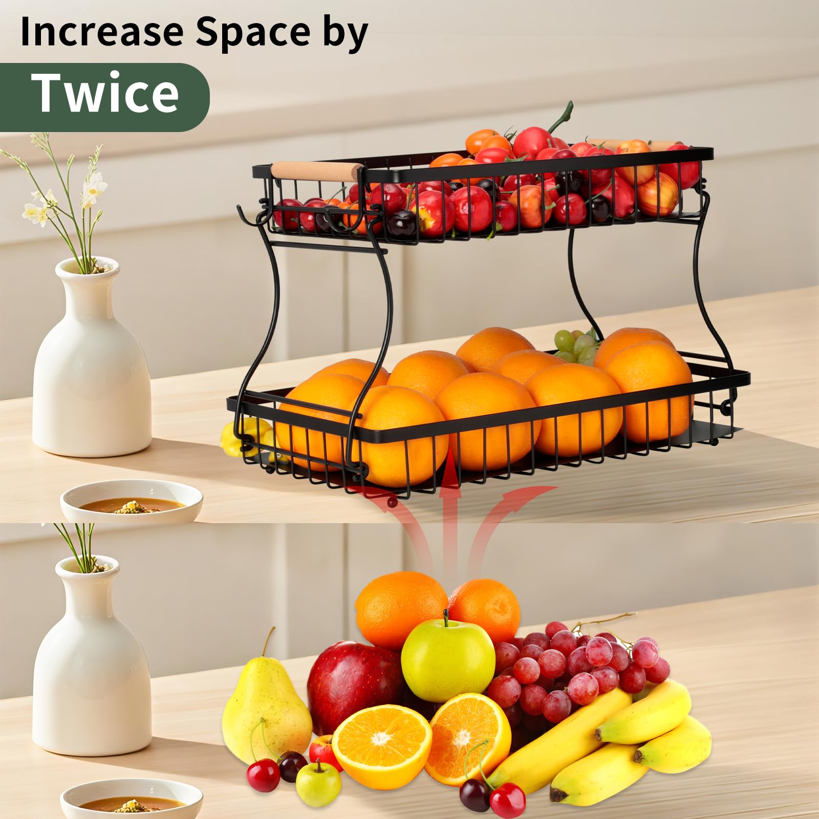 Romon Portafrutta, Alzatina Cesto Portaoggetti Carrello per Frutta da Tavolo a 2 Piani Fruits Basket per Avere più Spazio Sul Piano, Mantiene Verdura Fresca Adatto per Snack Verdure Pane Cucina, Nero