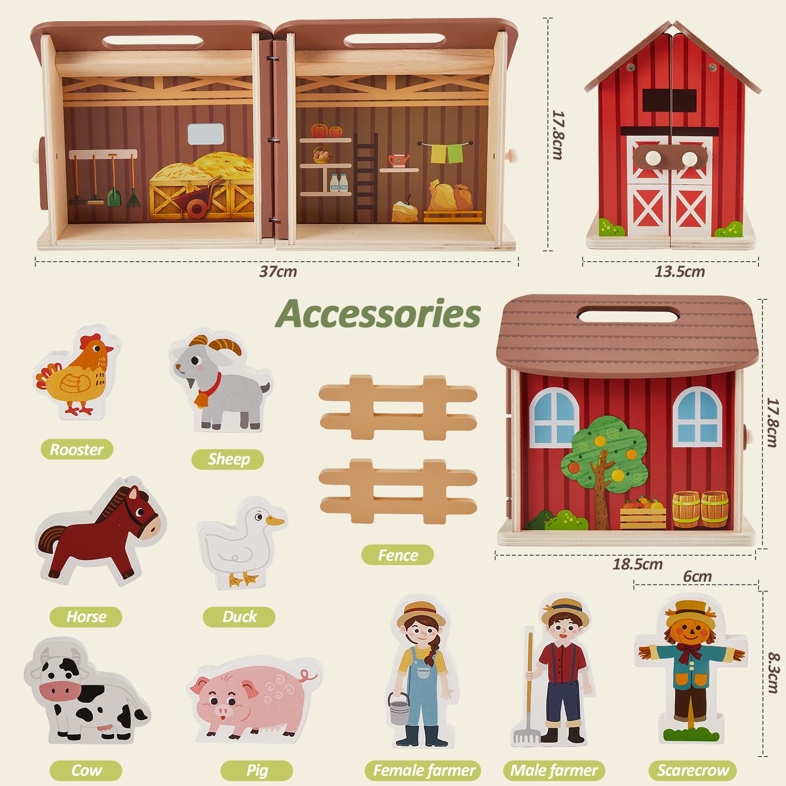 HERSITY Set Animali Fattoria in Legno Fienile Giocattolo, Casa Fattoria per Bambini può Essere Aperto e Chiuso, Giochi Educativo Regalo per Ragazzi Ragazze 3 4 5 Anni