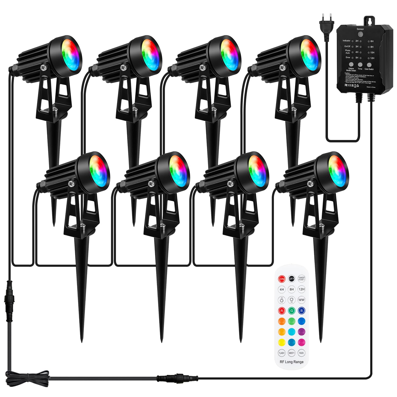 Illuminazione da giardino RGB a LED per esterni con telecomando, timer, corrente, faretti da giardino 3W dimmerabili, 8 pezzi, IP65 impermeabile e funzione sensore per esterni, giardino
