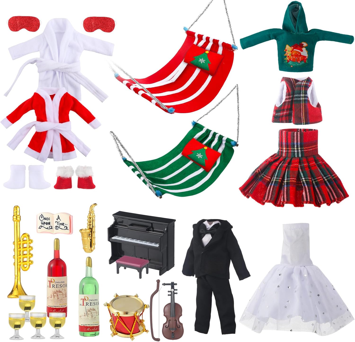 Ceenna 32 Pcs Christmas Doll on Clothes Accessories Couple Doll Outfit Including Skirts, Bathrobe, Christmas Sleeping Bag, Apron, Hammock for Female Male Wedding Musical Decor Gift(Wine Party)