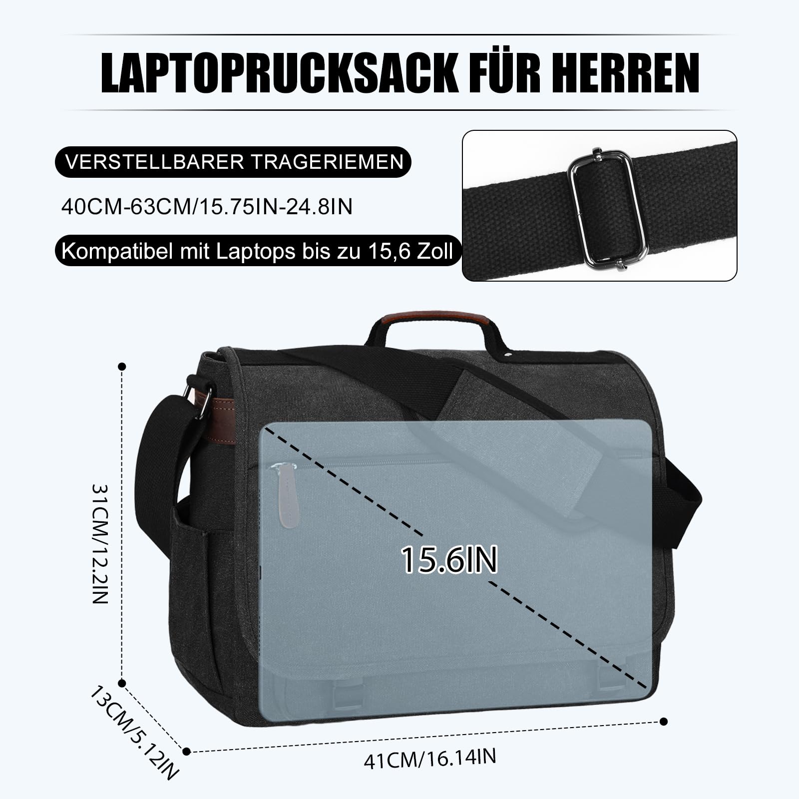 Eshow Umhängetasche Herren Wasserabweisend, Laptoptasche 15,6 Zoll aus Echtleder und Canvas, Messenger Bag Arbeitstasche Schultertasche Vintage für Arbeit Uni Freizeit Büro Schwarz