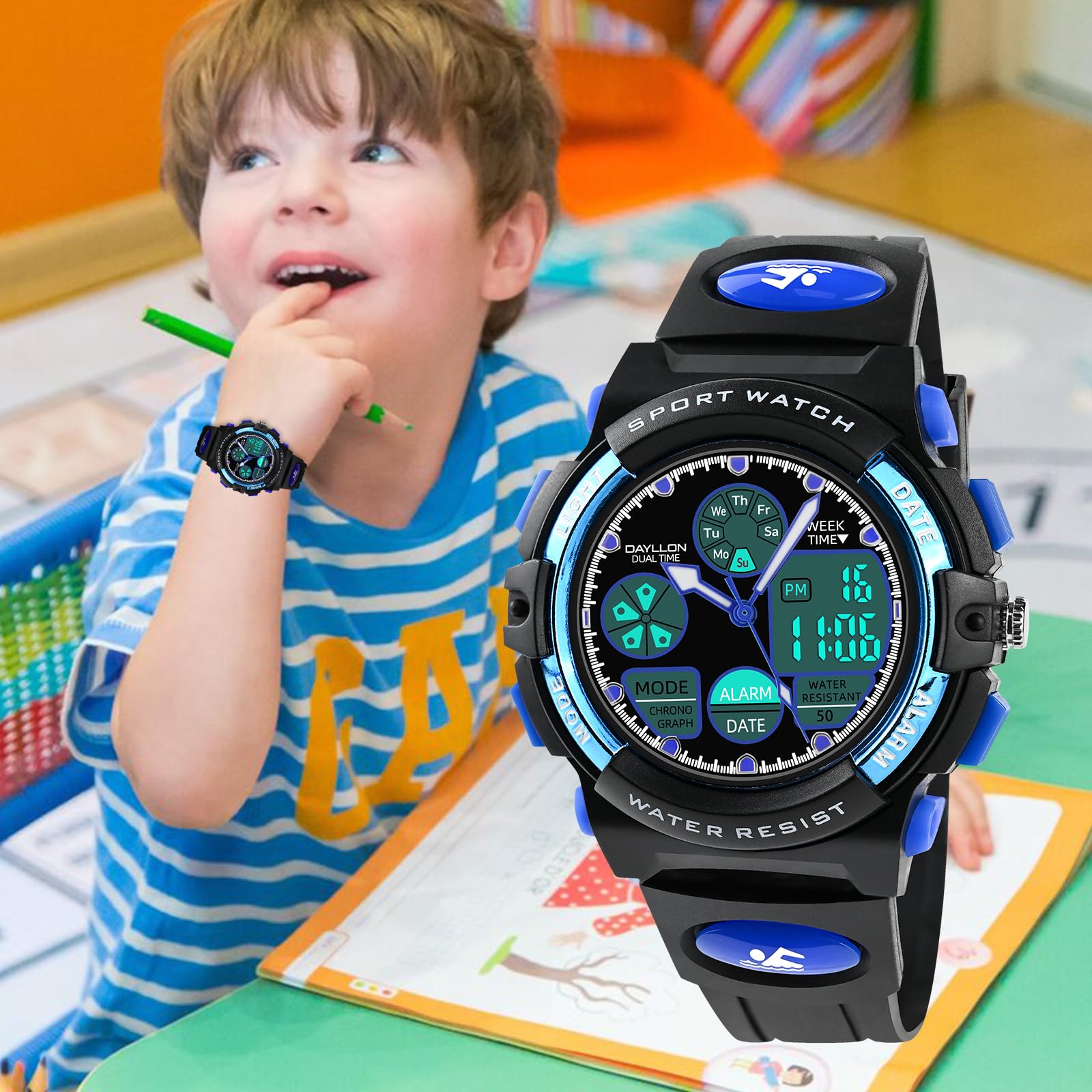 Dayllon Orologi per bambini, ragazzi età 5-15, orologio analogico digitale per bambini, blu, Blu