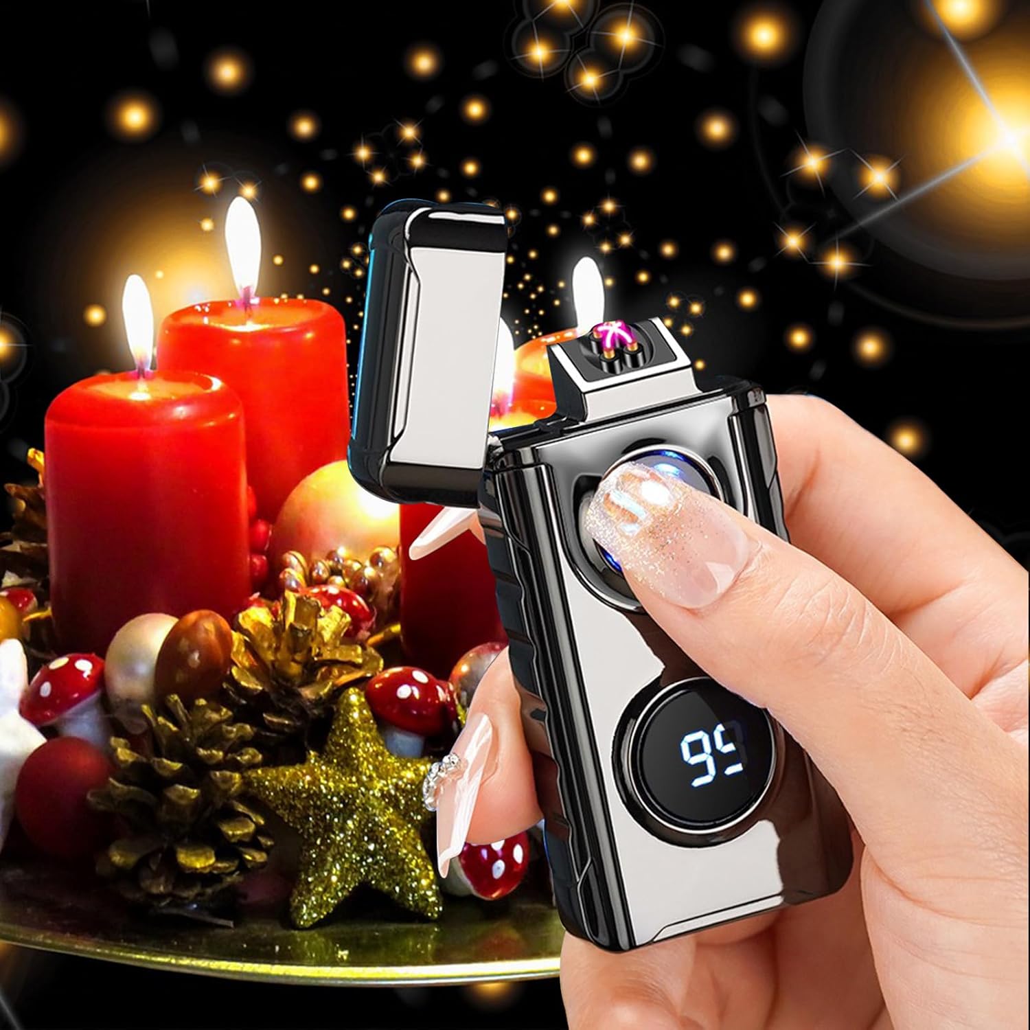 Electric Lighters Rechargeable Lighter Dual Arc Lighter Plasma Metal Flameless Lighters with LED Display for Aroma Candle,Camping (Silver)
