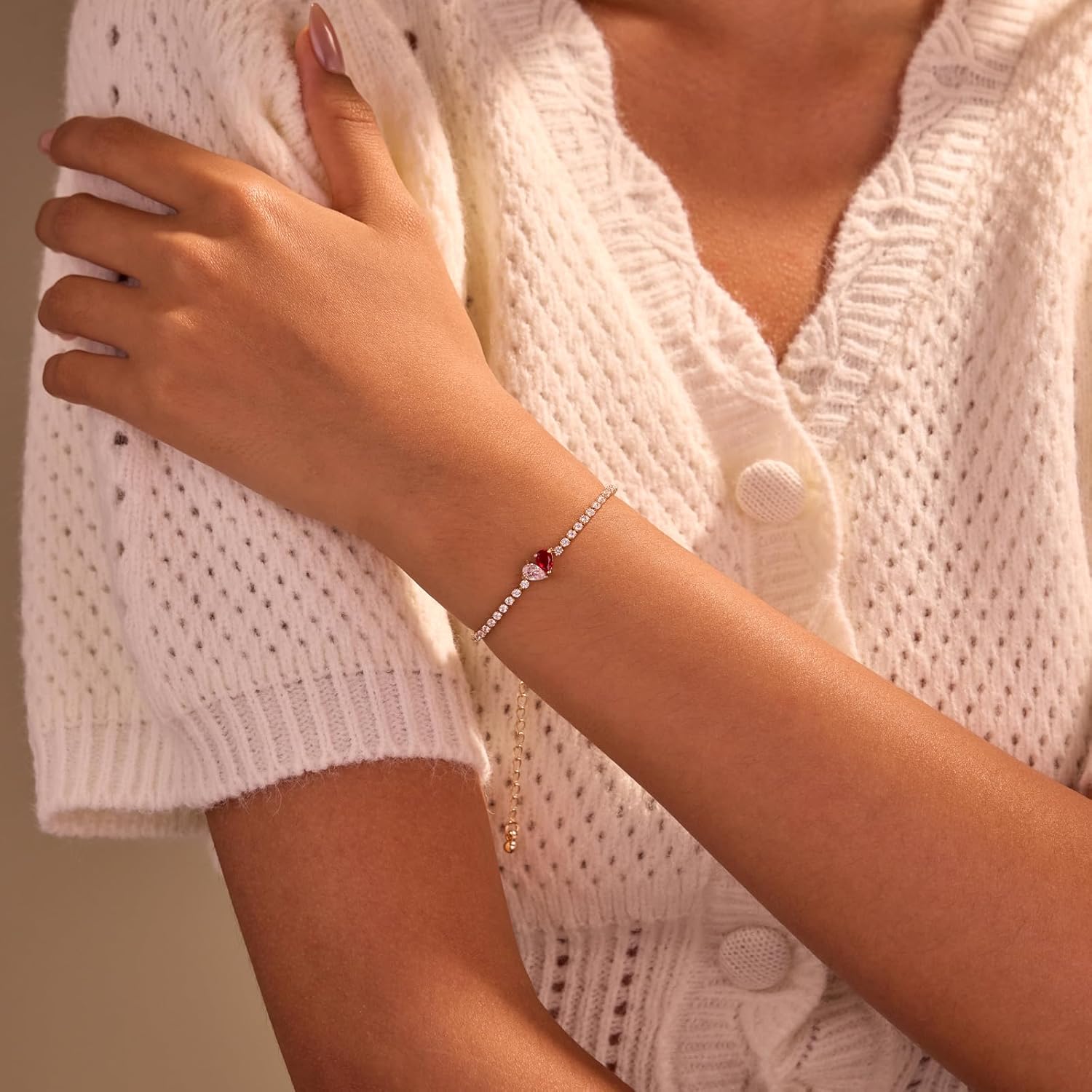 YUJIE Birthstone Tennis Bracelet for Women - 14k Gold Plated Adjustable 2mm Tennis Chain Brithstone Heart Bracelets for Her Mom Wife Girlfriend Anniversary Birthday Gift - Image 3