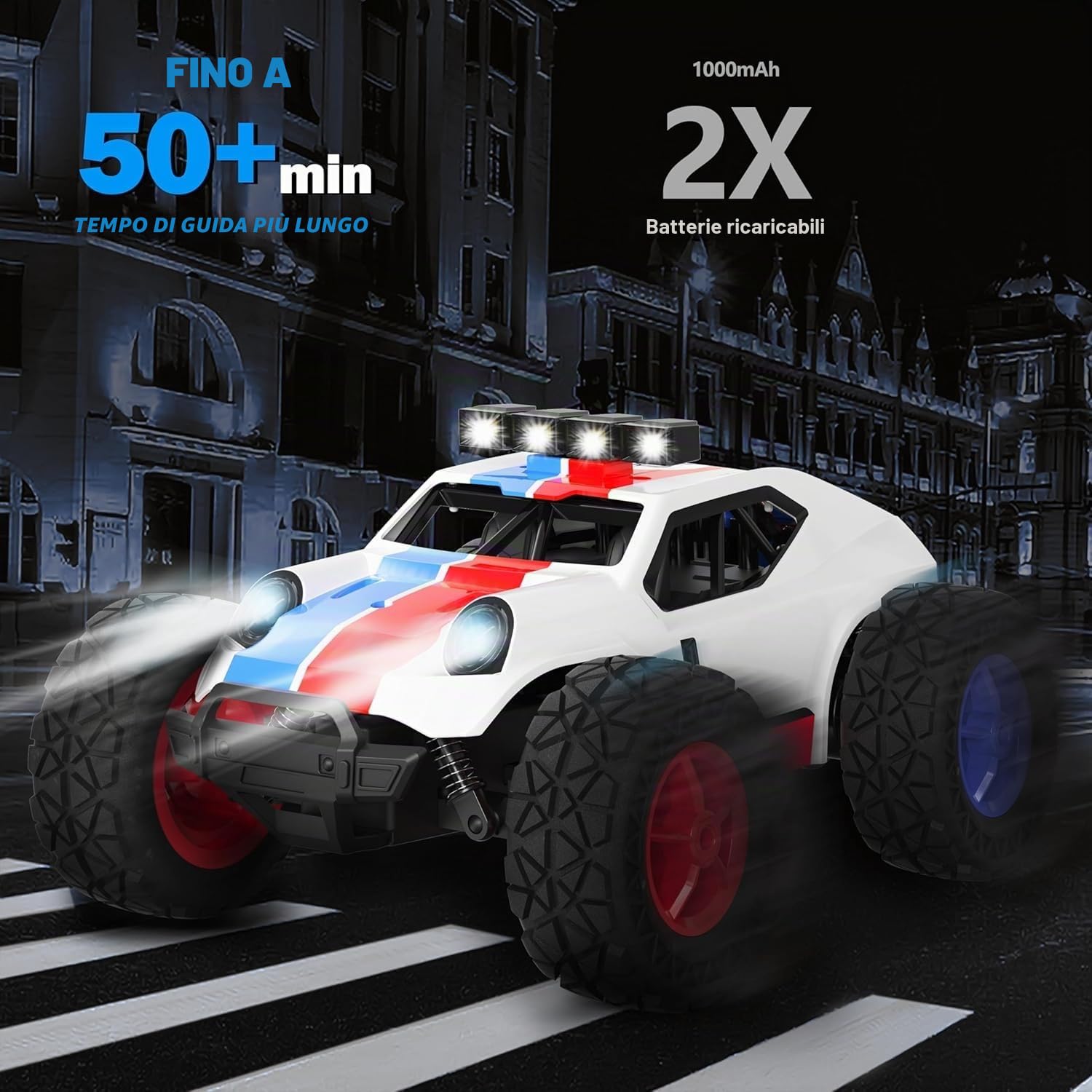 Kizeefun - Auto telecomandata, 2,4 GHz, scala 1/20, fuoristrada, raggiunge i 20 km/h, tutti i terreni, giocattolo elettrico, con 2 batterie, autonomia di 50 minuti, con fari LED, regalo per bambini