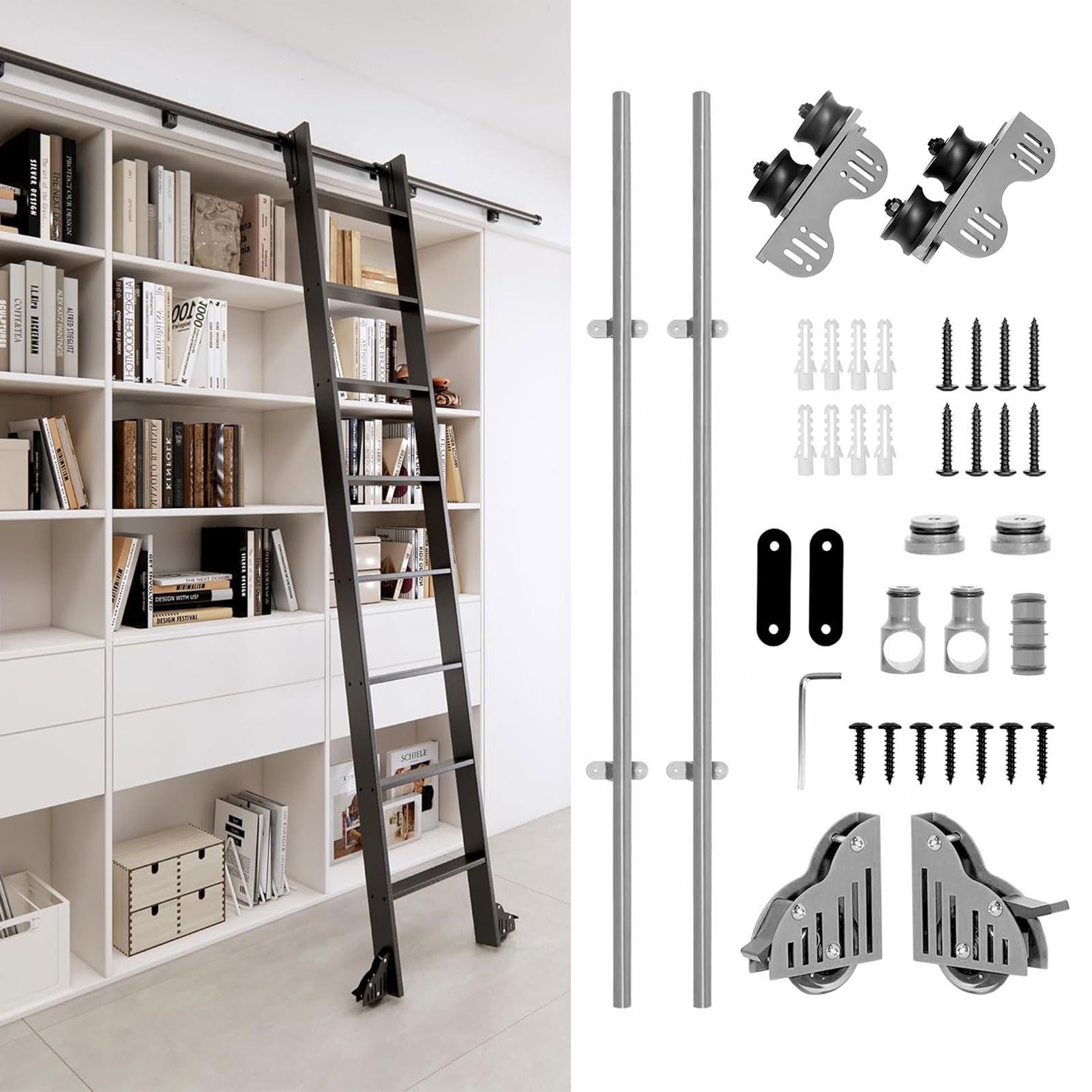 Echelle coulissante de bibliotheque : kit quincaillerie rail rond pour un salon elegant