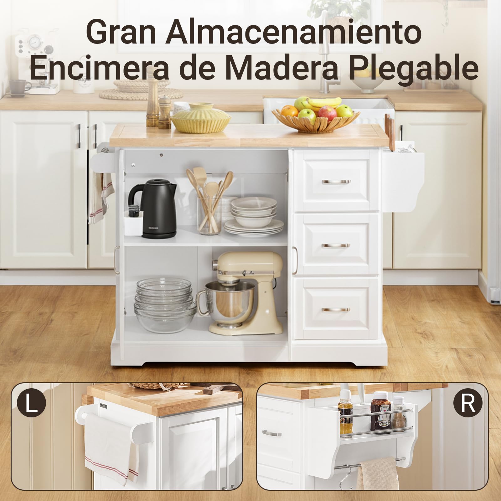 SoBuy Isla Cocina con encimera de Madera Maciza Extensible Carrito de Cocina con Ruedas Mueble de Cocina con 3 cajones Blanco 130x91x(46-71) cm FKW41-II-WN