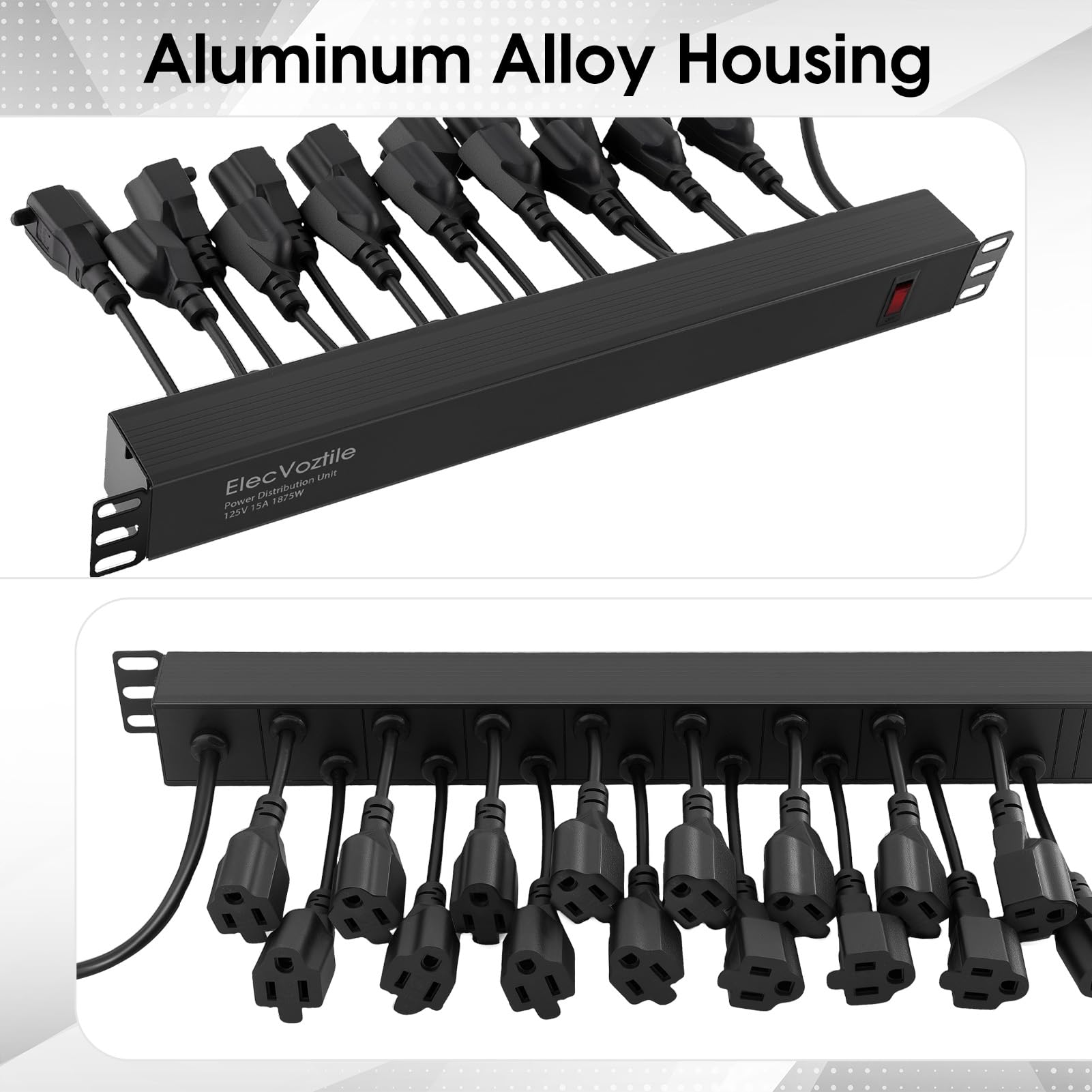 Regleta de alimentación PDU de 16 tomas, protección contra sobretensiones 1020J e interruptor de sobrecarga de 15 A, se adapta a rack de servidor de red de 19 pulgadas, cable de 6 AWG 14