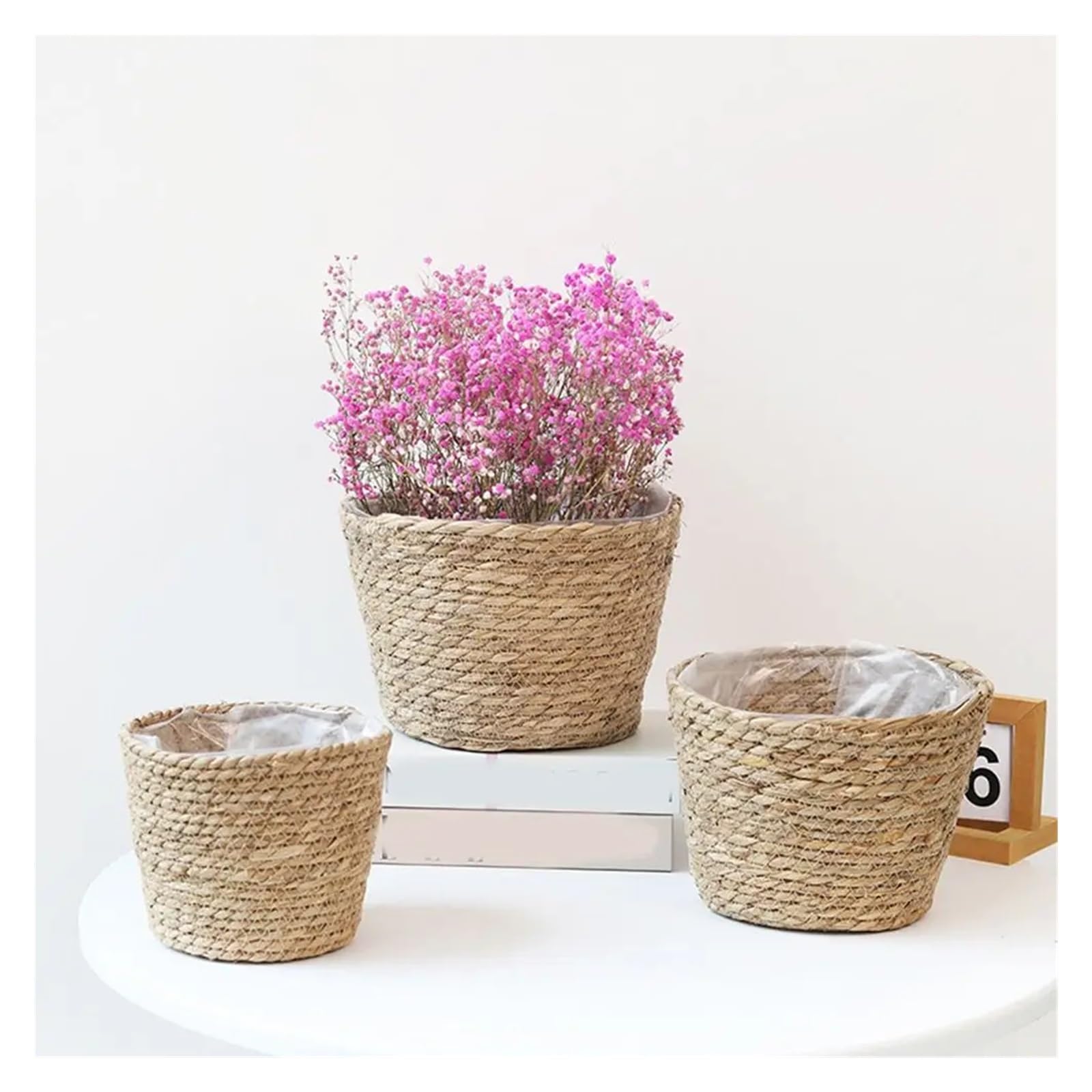 Wiklinowy kosz piknikowy, Straw Weaving S/M/L Plant Pot Storage Basket For Indoor Outdoor Plants Flowers(L-Style B)