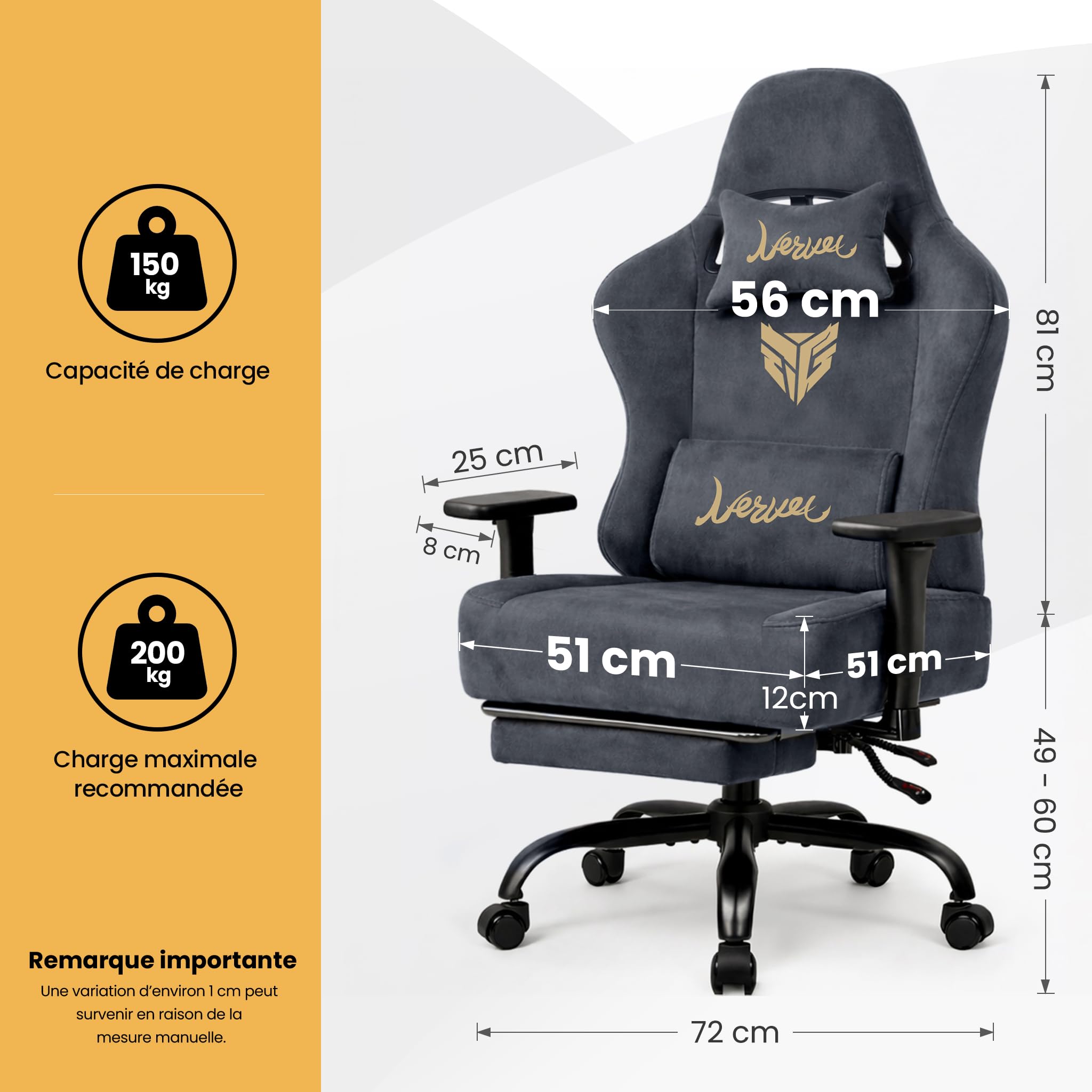 Fauteuil Chaise Siege Gaming Ergonomique-Chaises de Gamer avec Appui-Tête et Support Lombaire Repose-Pieds Rétractable Inclinaison du Dossier de 80 à 140° Capacité de Charge de 220 Kg