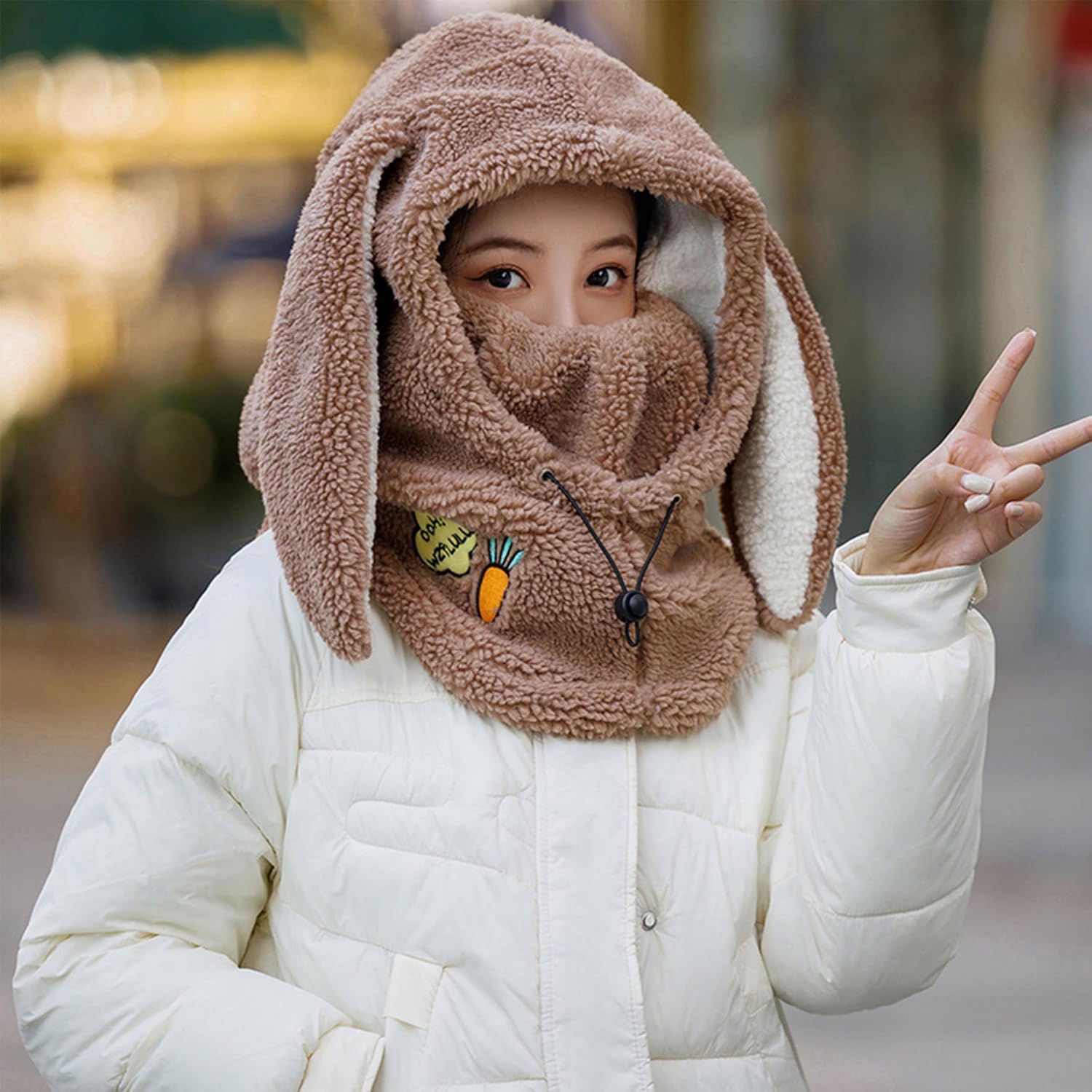 ThiCc Capuche Sherpa pour femme – Chapeau mignon avec oreilles de lapin et de chat en peluche pour l'hiver, l'équitation, le ski, la cagoule coupe-vent pour temps froid, capuche chaude réglable