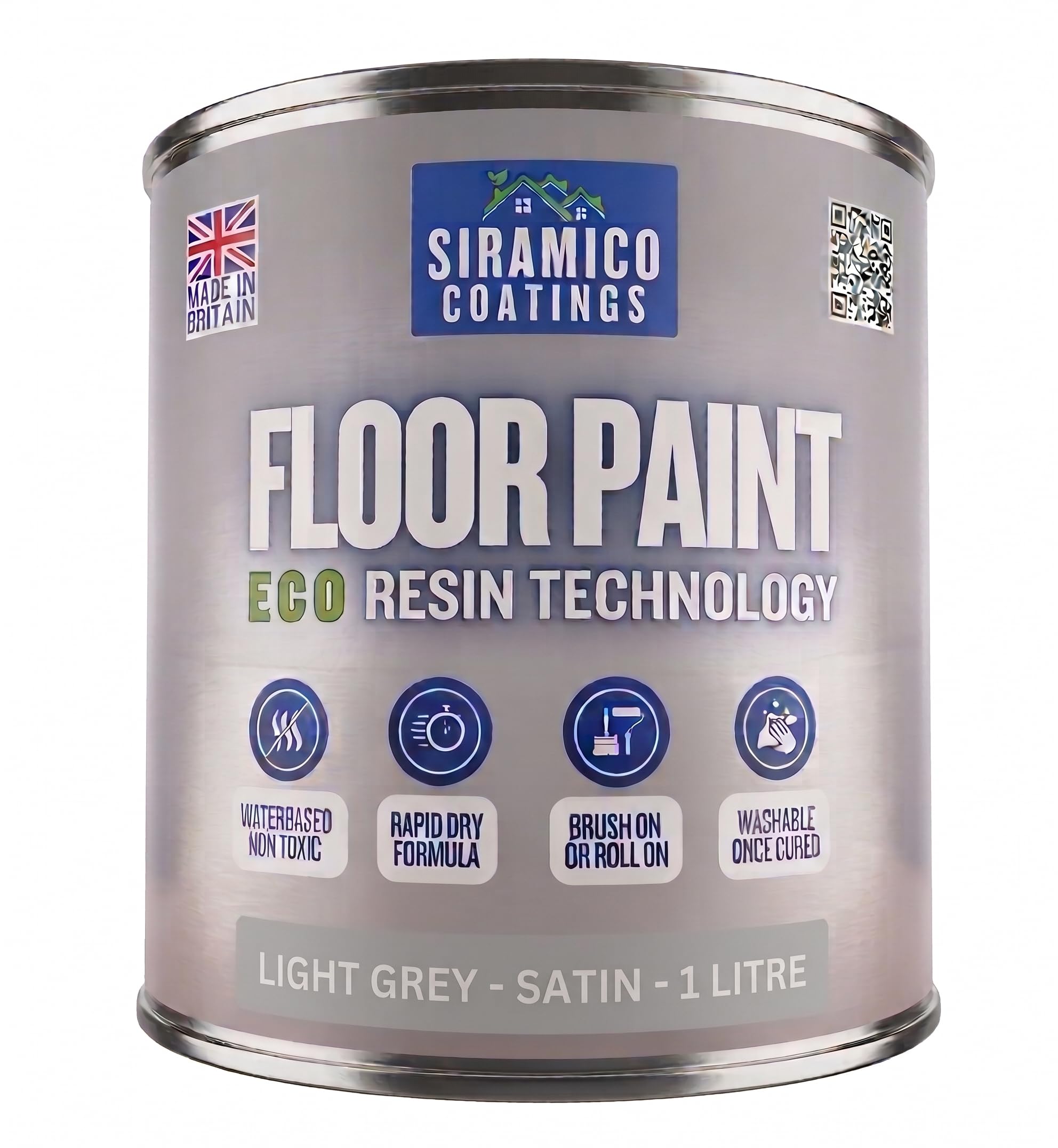 SIRAMICO COATINGS Floor Paint | 1 Litre | Satin | Water-Based Quick-Dry Formula - Non-Toxic, No-VOC, Durable Coating for Concrete, Brick, Stone & Wood Floors (Grey)