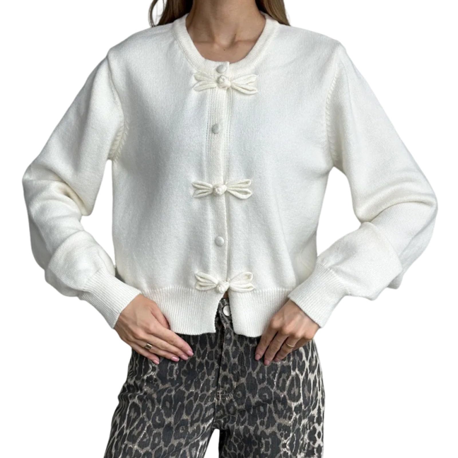 Women Y2K Fitted Crew Neck Long Sleeve Bow Knot Button Down Cardigan Sweater Fall Open Front Ribbed Sweater