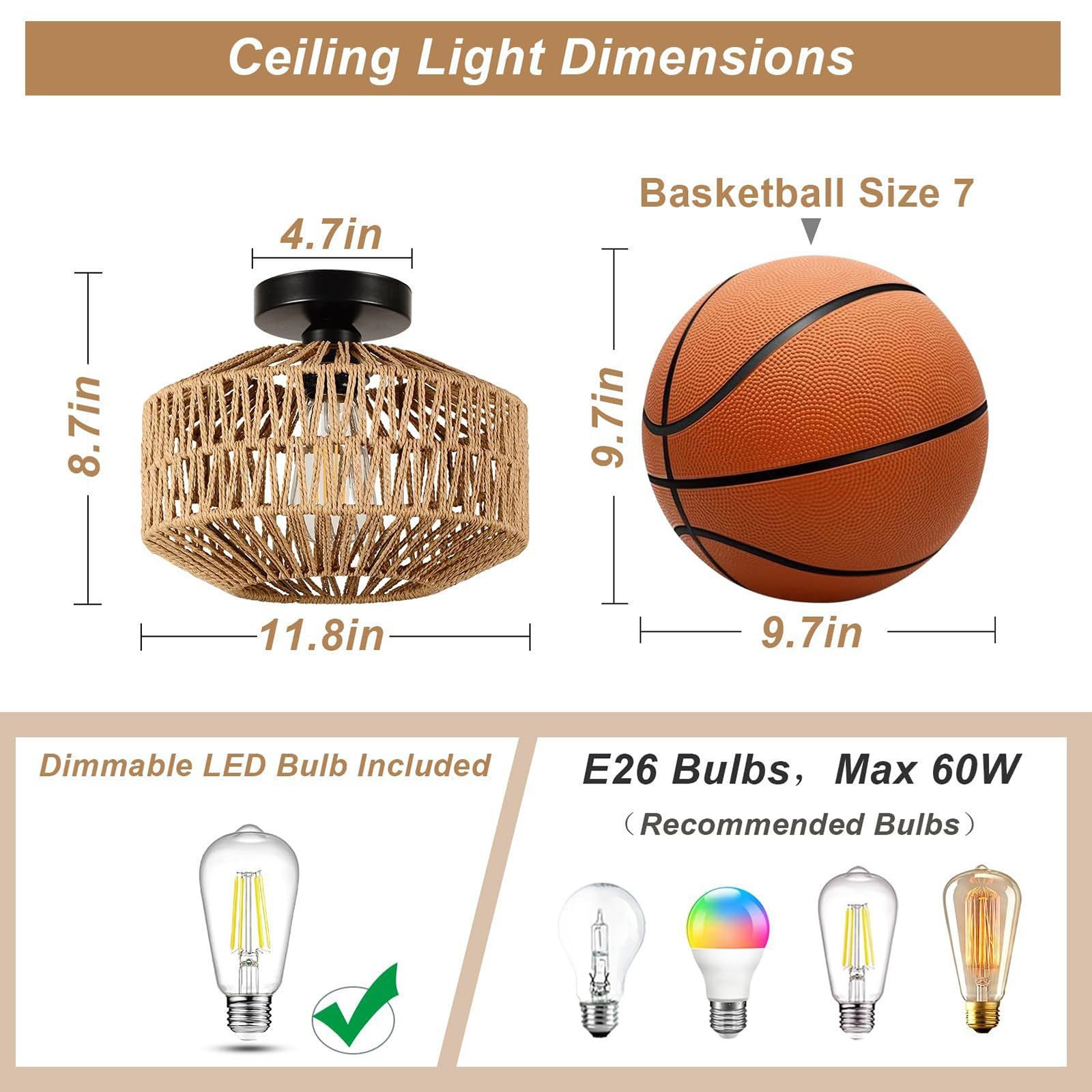 Luces De Techo Tejidas A Mano Boho Rattan Natural E27 Lámpara De Techo