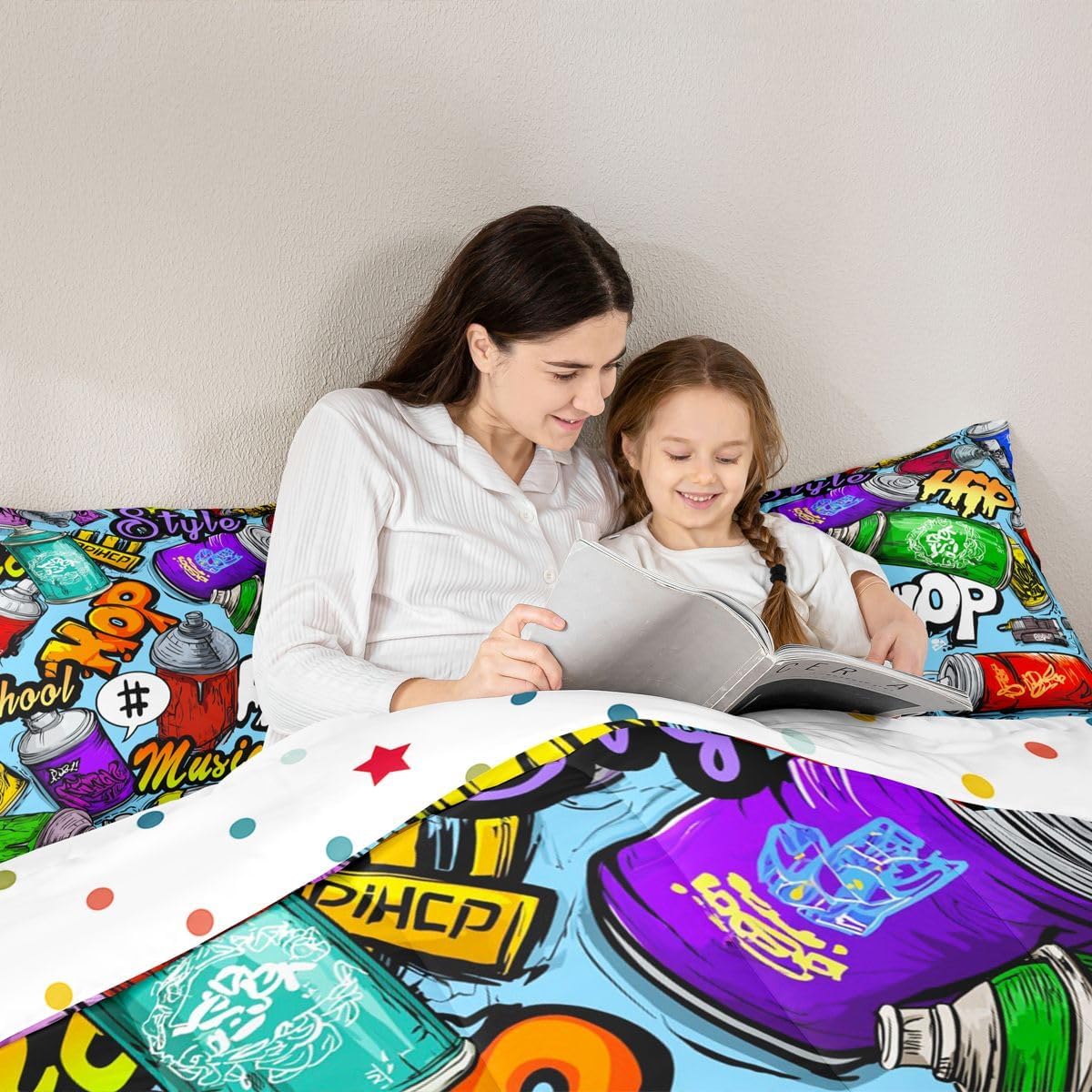 Erosebridal Hip Hop Comforter Set Twin Size, Graffiti Style Down Comforter for Kids Boys Girls Teens, Street Culture Bedding Set Grunge Watercolor Lightweight Bedding Comforters Bedroom Decor, Blue image 5