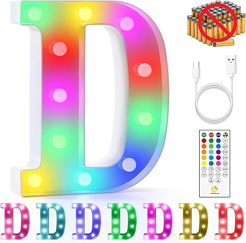 Miniatura 48 de mooncow Letras iluminadas recargables, letras de marquesina duraderas, luz nocturna inicial colorida para niños con control remoto, luces LED