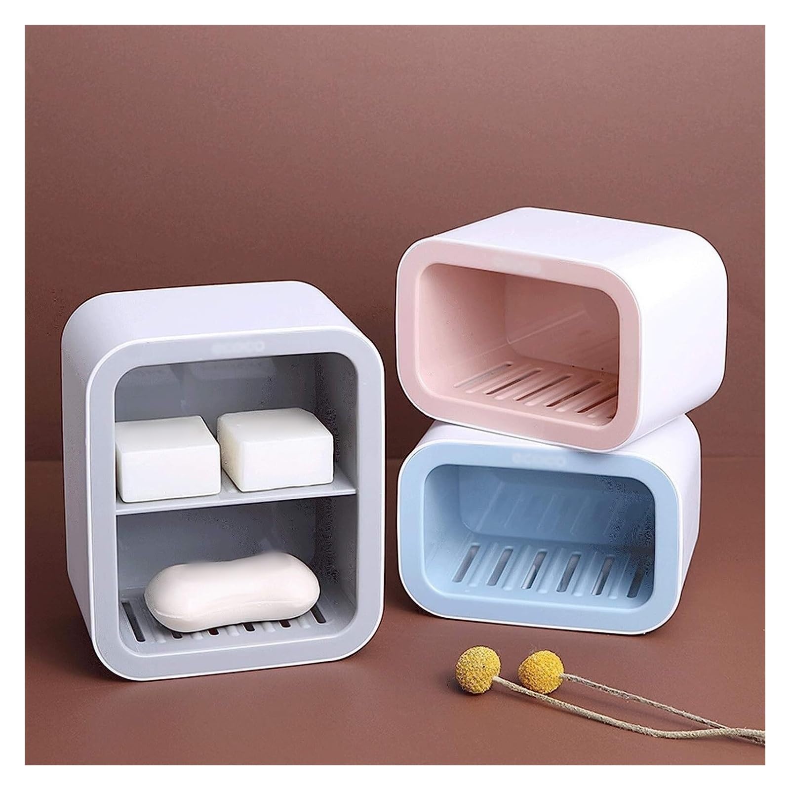 Jabonera La jabonera de drenaje de plástico montada en la pared puede ahorrar espacio y el recipiente de jabón de múltiples capas en el baño se puede utilizar en familias, hoteles,(Blu,Double layer)