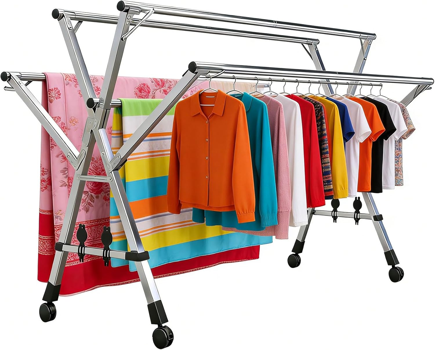 HUHJYUGE Outdoor Foldable Laundry Rack, Stainless Steel Clothes Drying Rack with Wheels, Portable Adjustable Retractable Garment Stand, No Installation Needed (240cm/94.5inch)