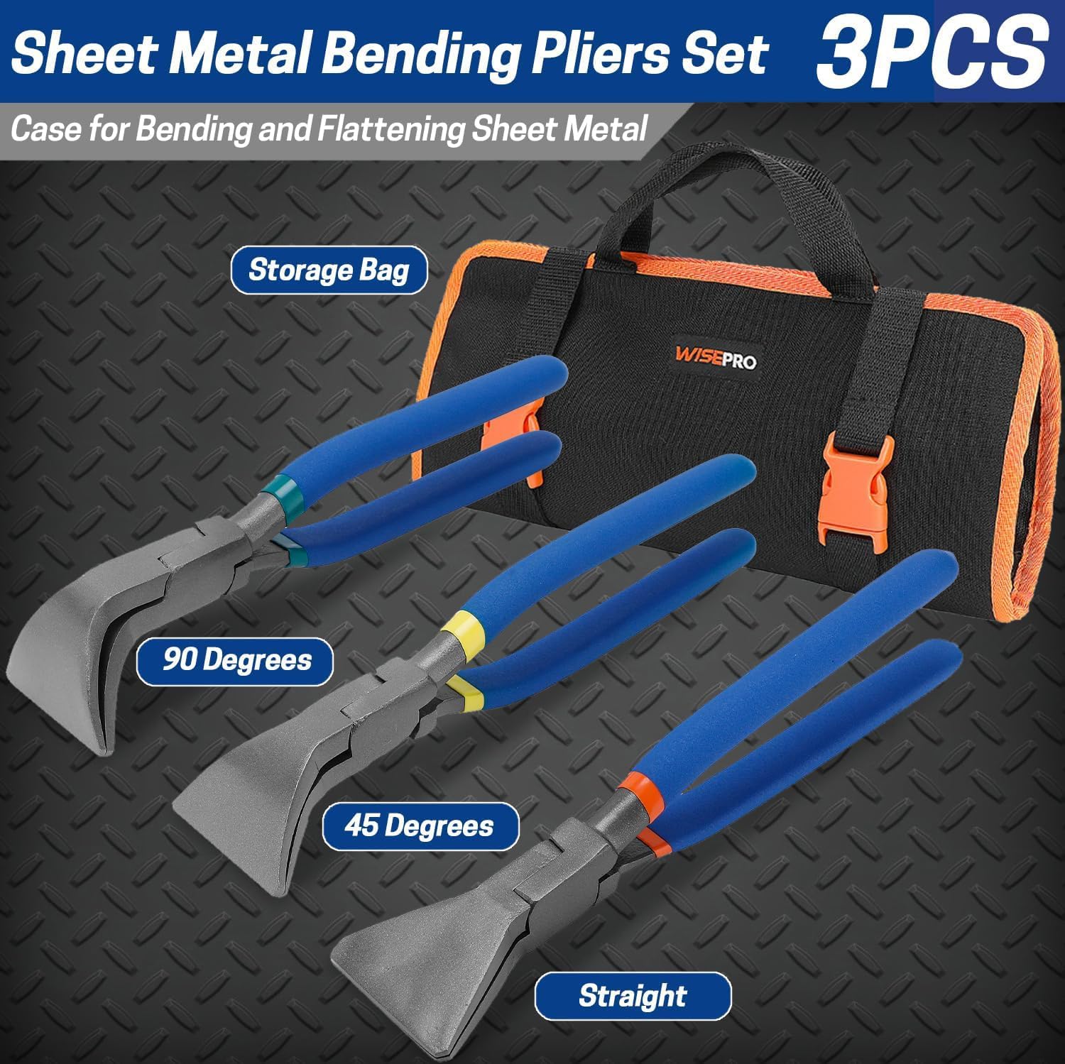 3PCS Hand Seamers Sheet Metal Bending Pliers Set, Sheet Metal Bender Tools - Straight, 45°, 90° Jaws with Tool Storage Bag for Bending & Flattening Sheet Metal