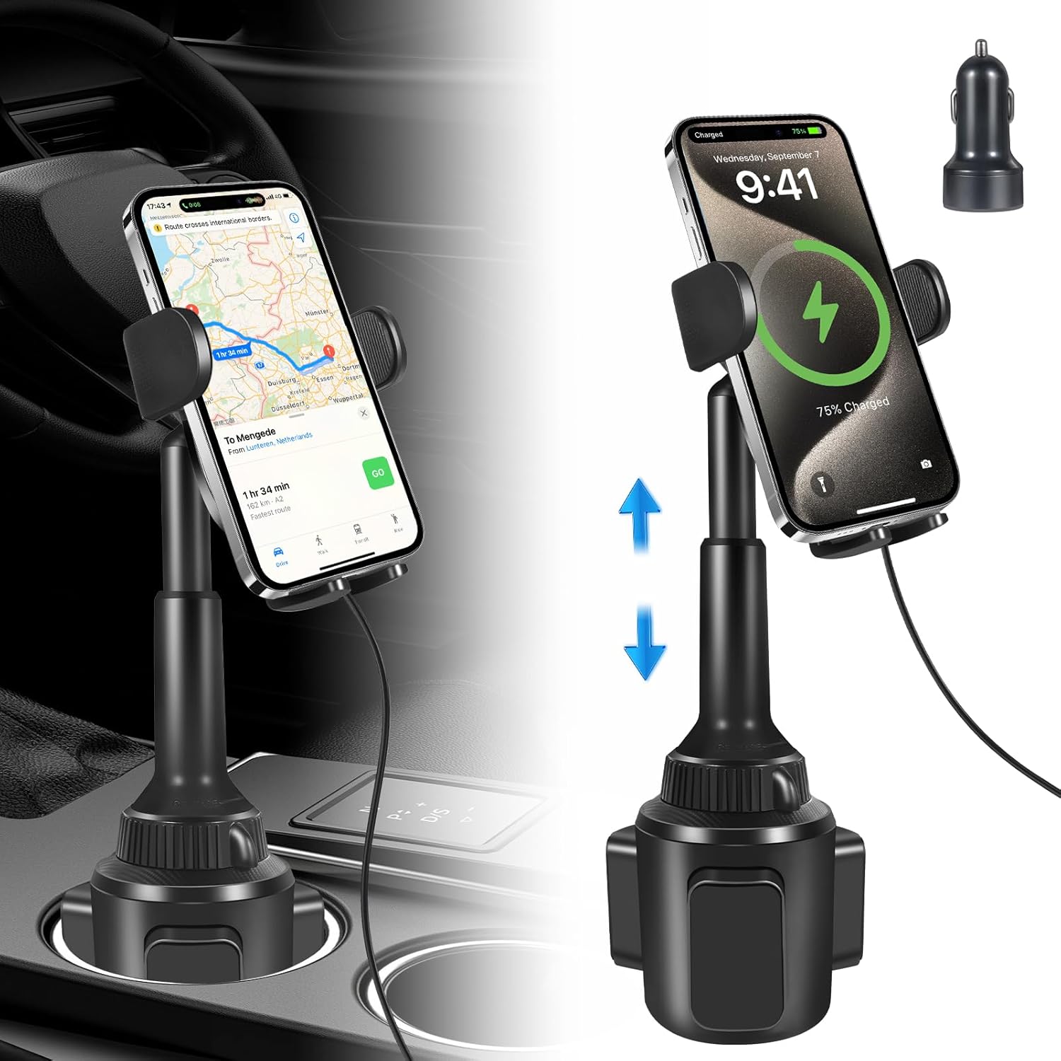 DEGUM Upgraded Wireless Car Charger, Cup Holder Phone Mount with 15W Fast Charging Phone Holder Adjustable Long Arm Height, Compatible with iPhone 16 15 14 13 Samsung LG and More (with Car Adapter)