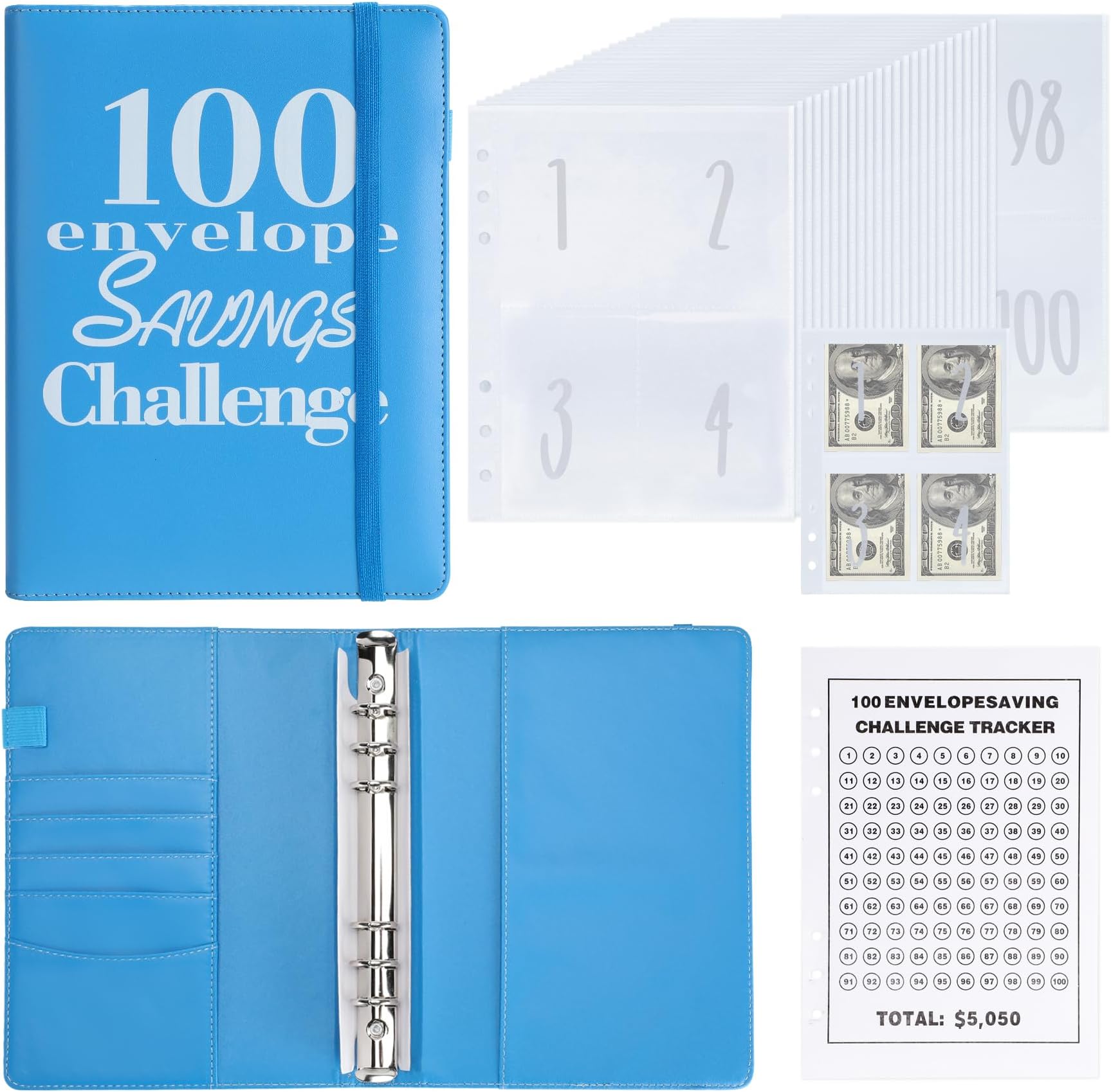 100 Envelopes Money Saving Binder A5 Savings Challenge Book (Blue)