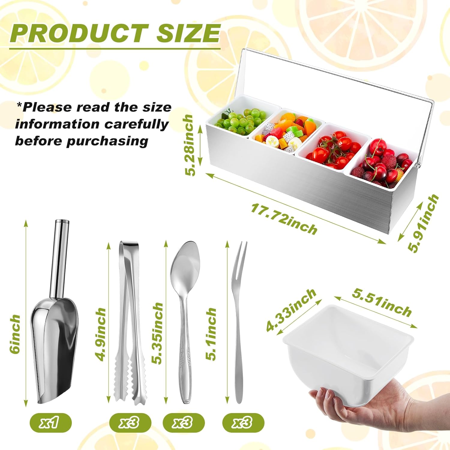 tessco for you garnish tray with lid bar caddy ice cooled condiment serving container with ice scoop metal mini serving tongs fruit fork spoons for food home party kitchen (stainless steel,4 grids) stainless steel 4 grids