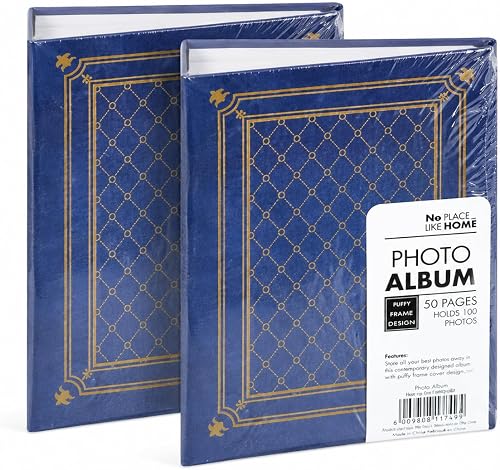 Classic Photo Album with Gold Lattice Design, 100-Photo Capacity, 16.5x12.5x4 cm, Pack of 2 (Blue)