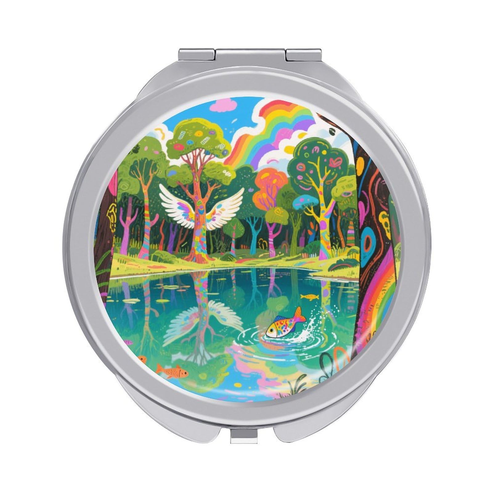 Fekiloot Style Graffiti Lake Travel Makeup Mirror Handheld Compact Mirror Portable Pocket Mirror Double-Sided 1X/2X Magnifying For Handbag And Purses
