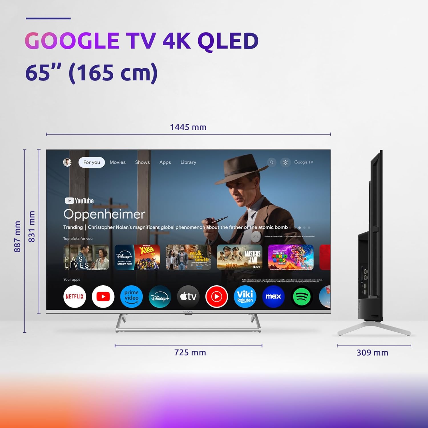 Priekšpuse view of Strong SRT65UG8773C 65-inch TV with dimensions: 1445mm width, 887mm height with stand, 831mm height without stand, 309mm stand depth.