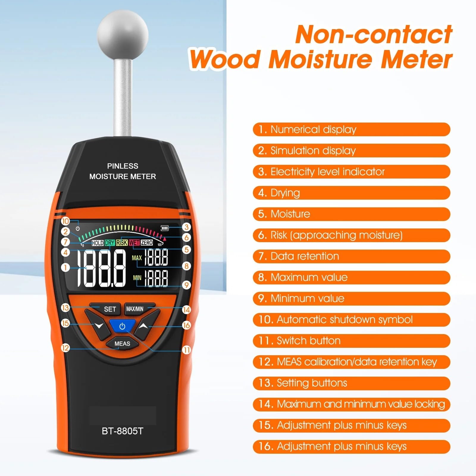 Feuchtigkeitsmesser, Berührungsloser Holzdetektor, Digitaler LCD-Bildschirm, Hygrometer, Alarmtester, Stiftlos