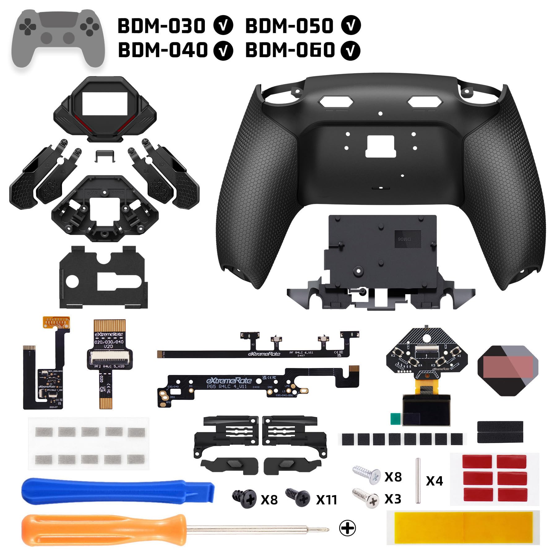 eXtremeRate SPARK Remap Kit per ps5 Controller BDM-030 040 050 060, Display OLED +Clicky Trigger Stop +Grip Ergonomici, 4 Tasti Posteriori Rimappabili Accessori per ps5 Joystick, Nero&Nero